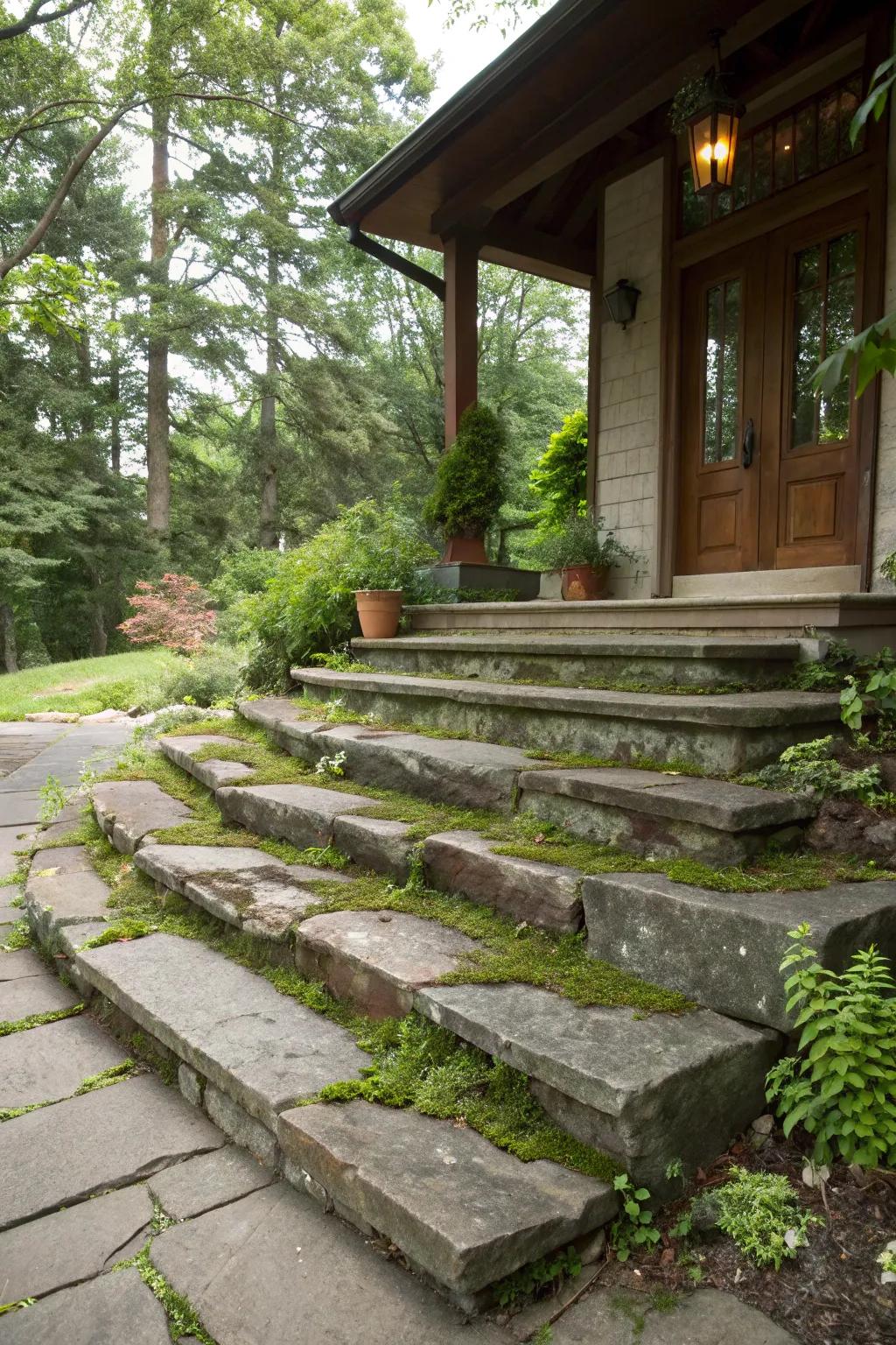 Rustic stone ascents fashion a cozy and organic entry to the porch.