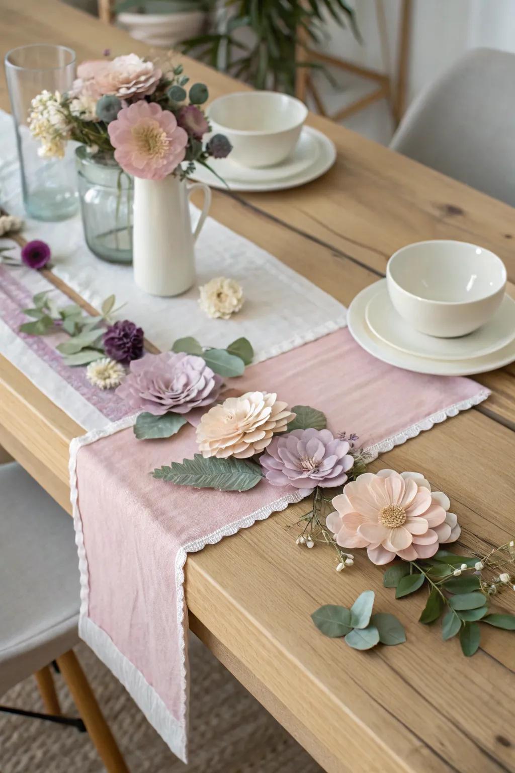Elevate your dining experience with a handcrafted textile flower table runner that merges simplicity with natural beauty.