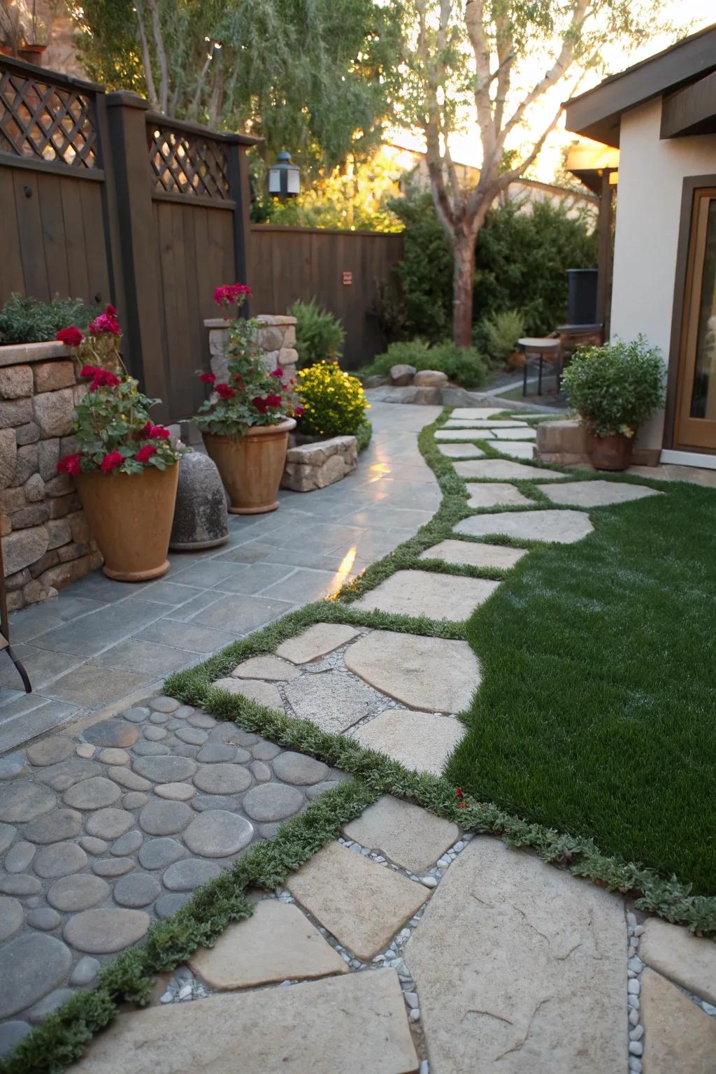 A magical garden pathway with stone and artificial grass.