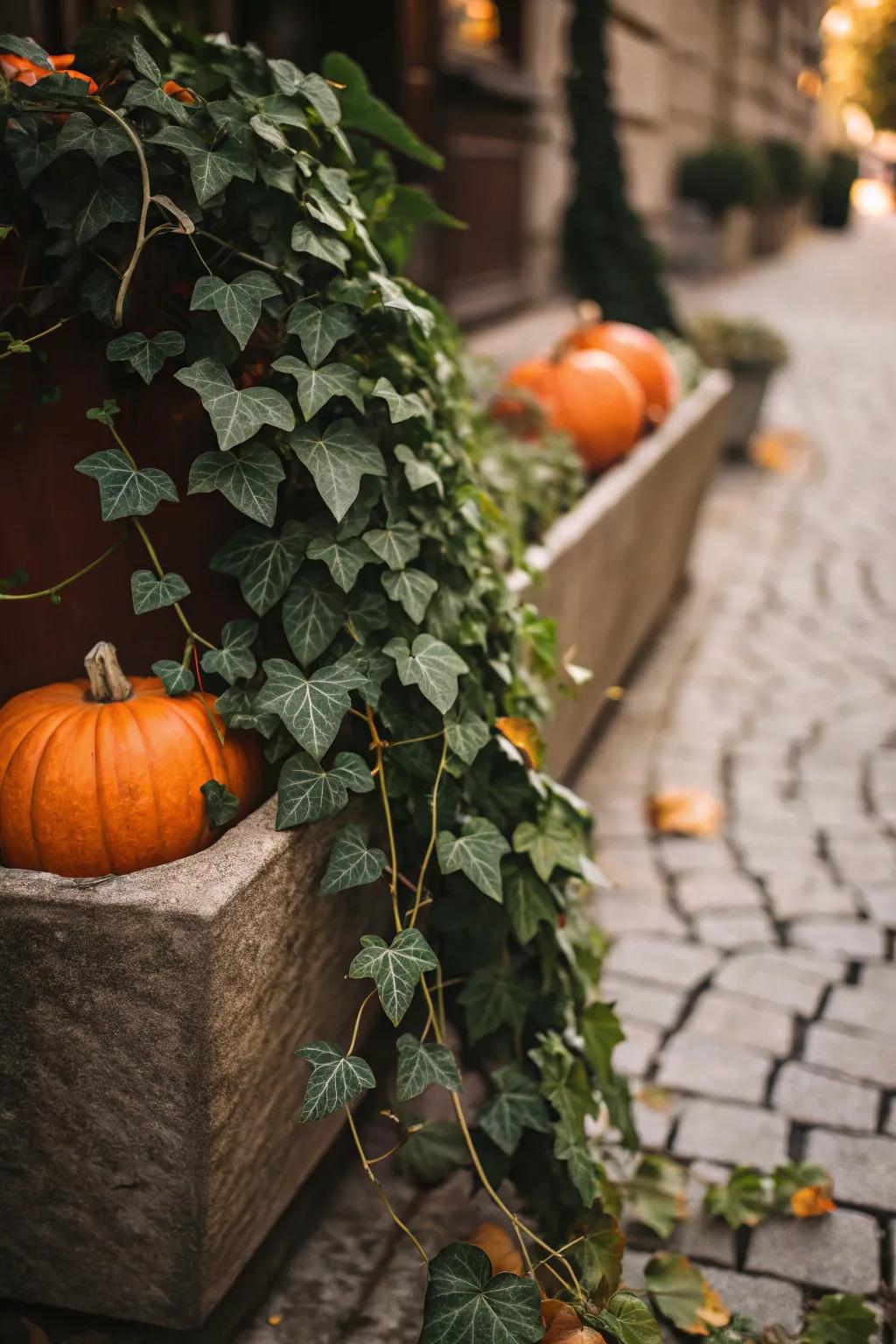 Ivy and pumpkins combine for an elegant, flowing design.