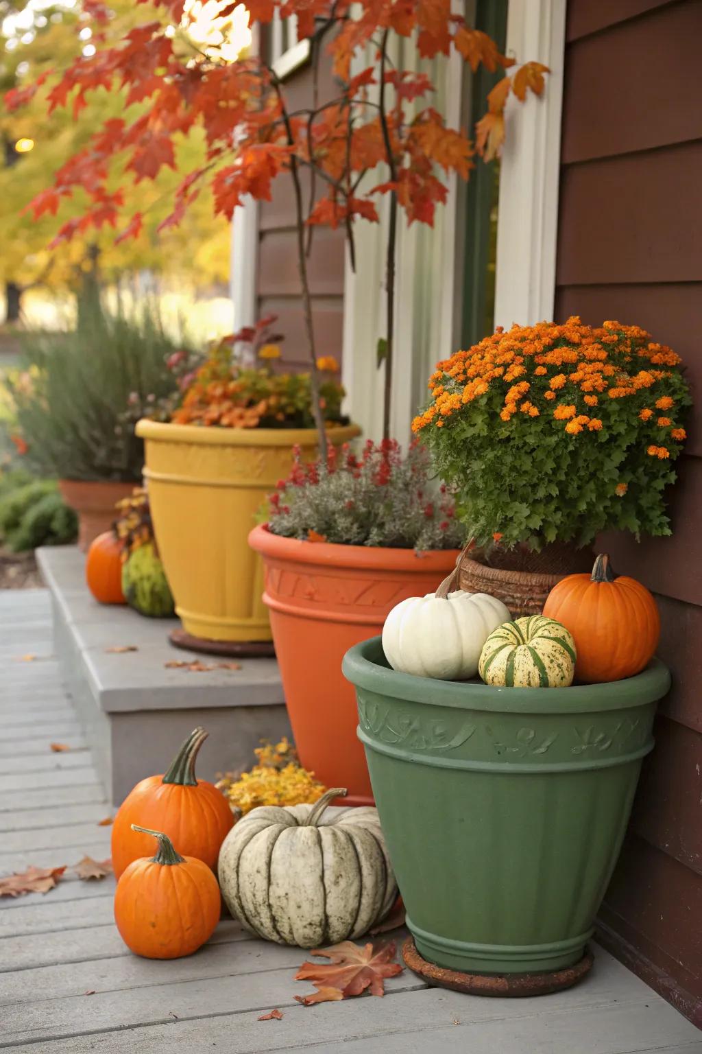 Pumpkins and gourds add a festive touch to fall planters.