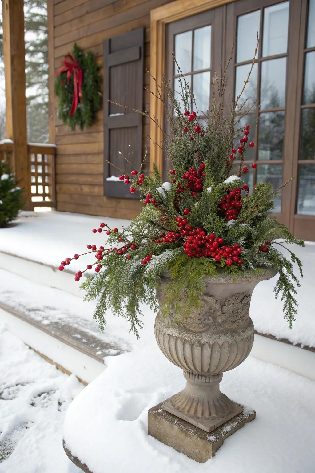 Festive berry sprigs and everlasting greens in an autumn container.
