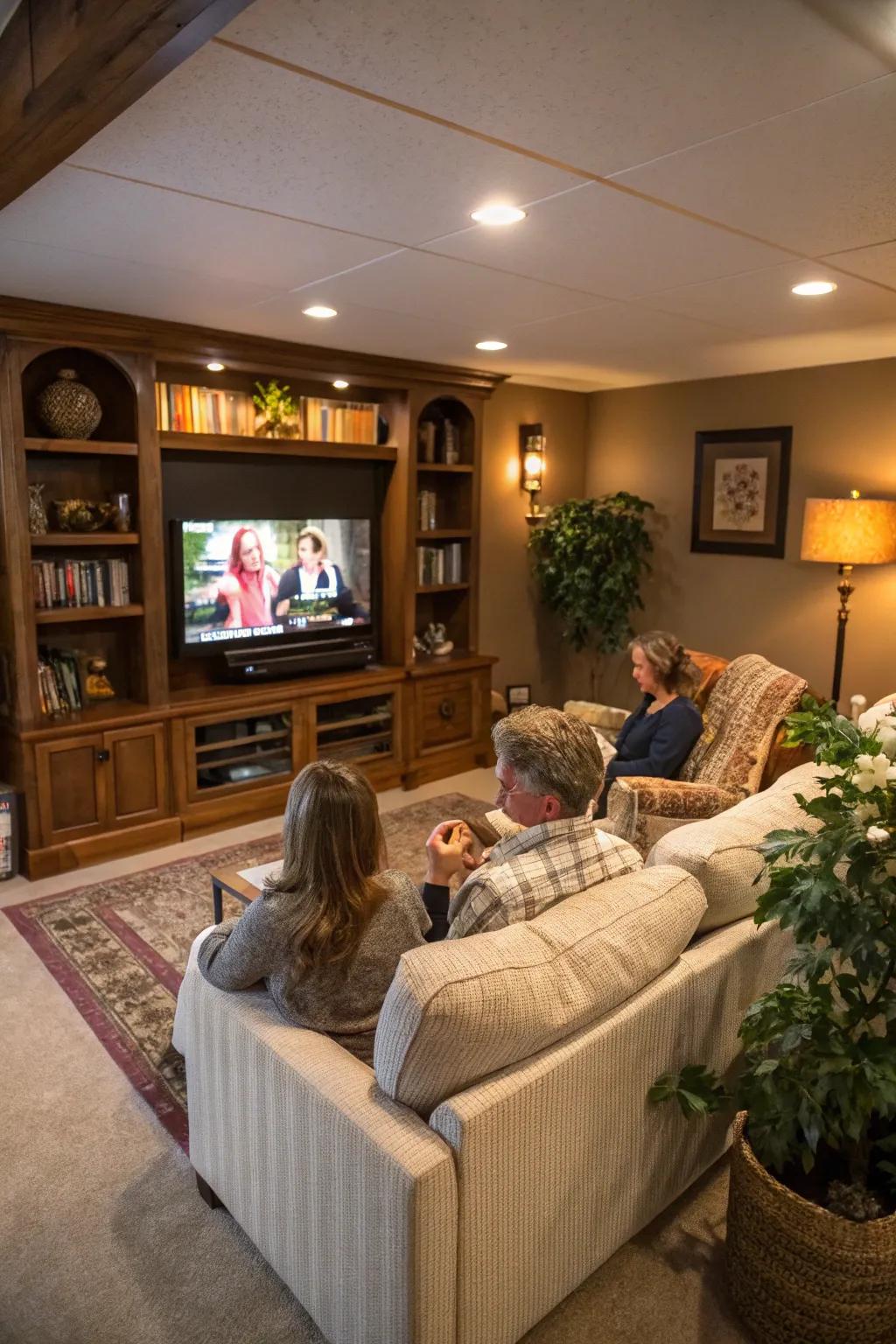 Relaxing seating arranged for both TV viewing and conversation.