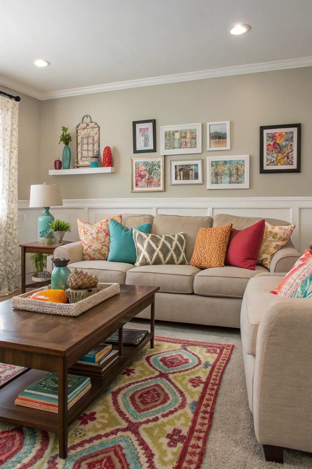 A family room brightened with colorful accents.