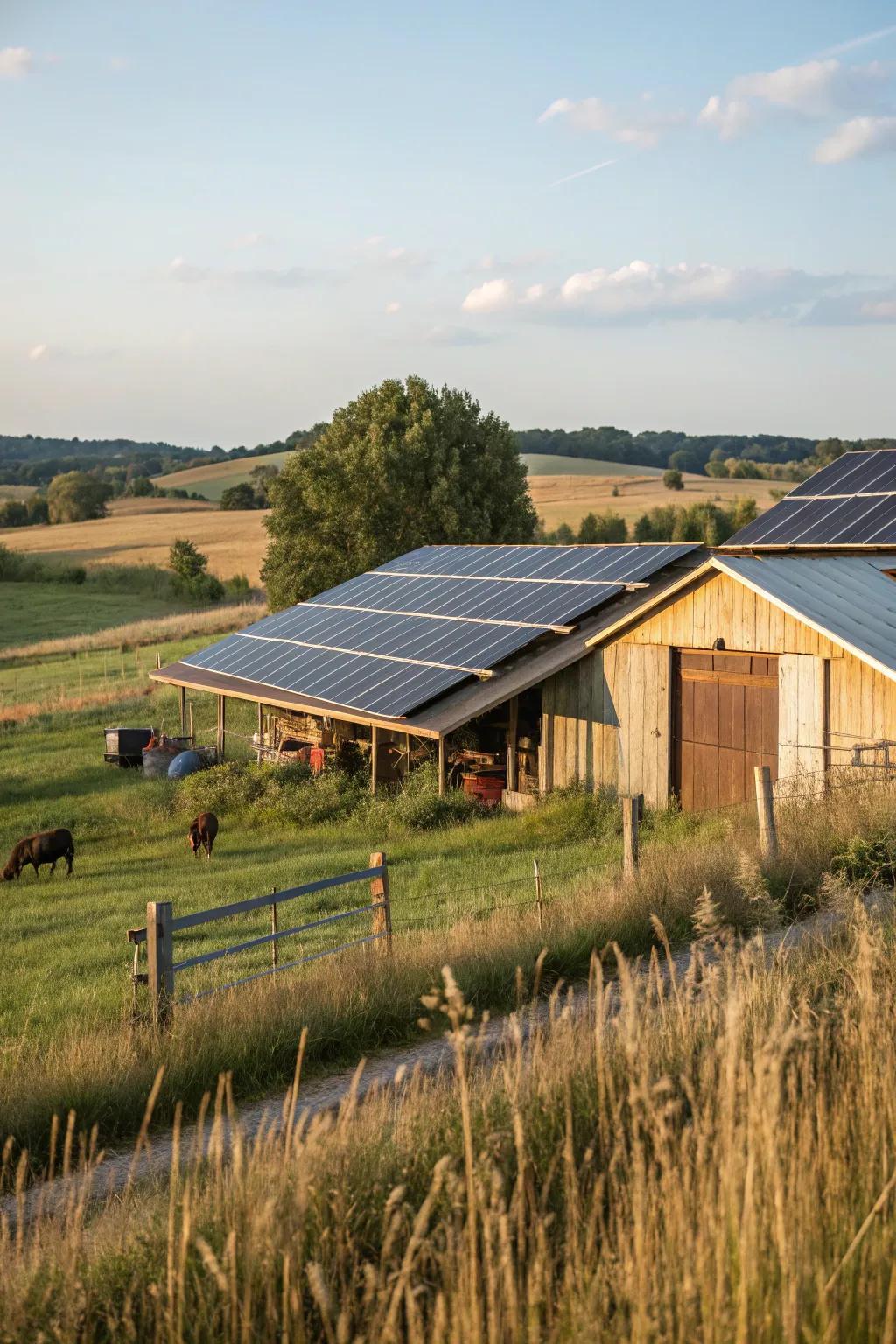 Effective energy boards atop a barn, powering the farm sustainably.