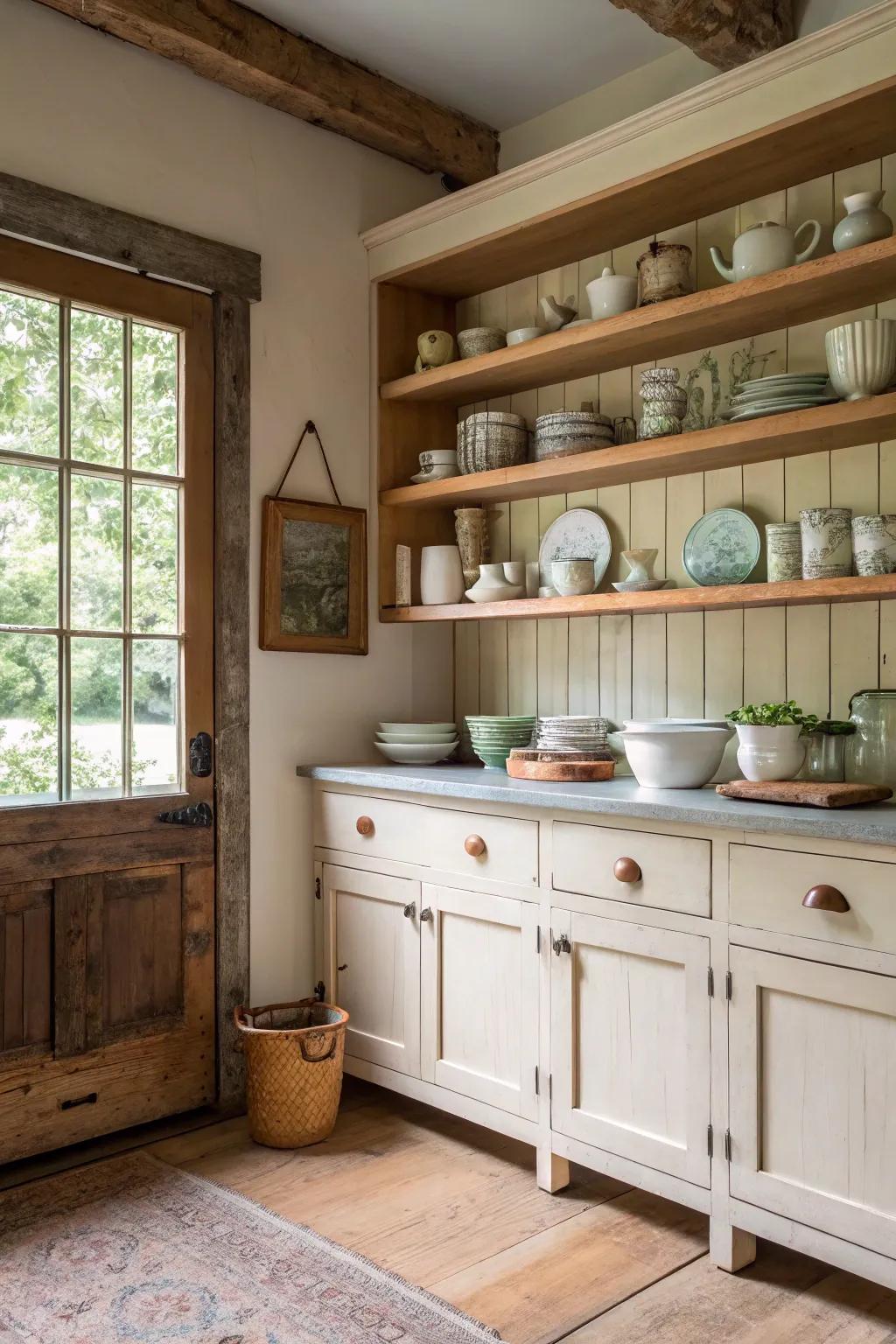 Exposed racks emphasize your kitchenware while elevating the farmhouse appeal.