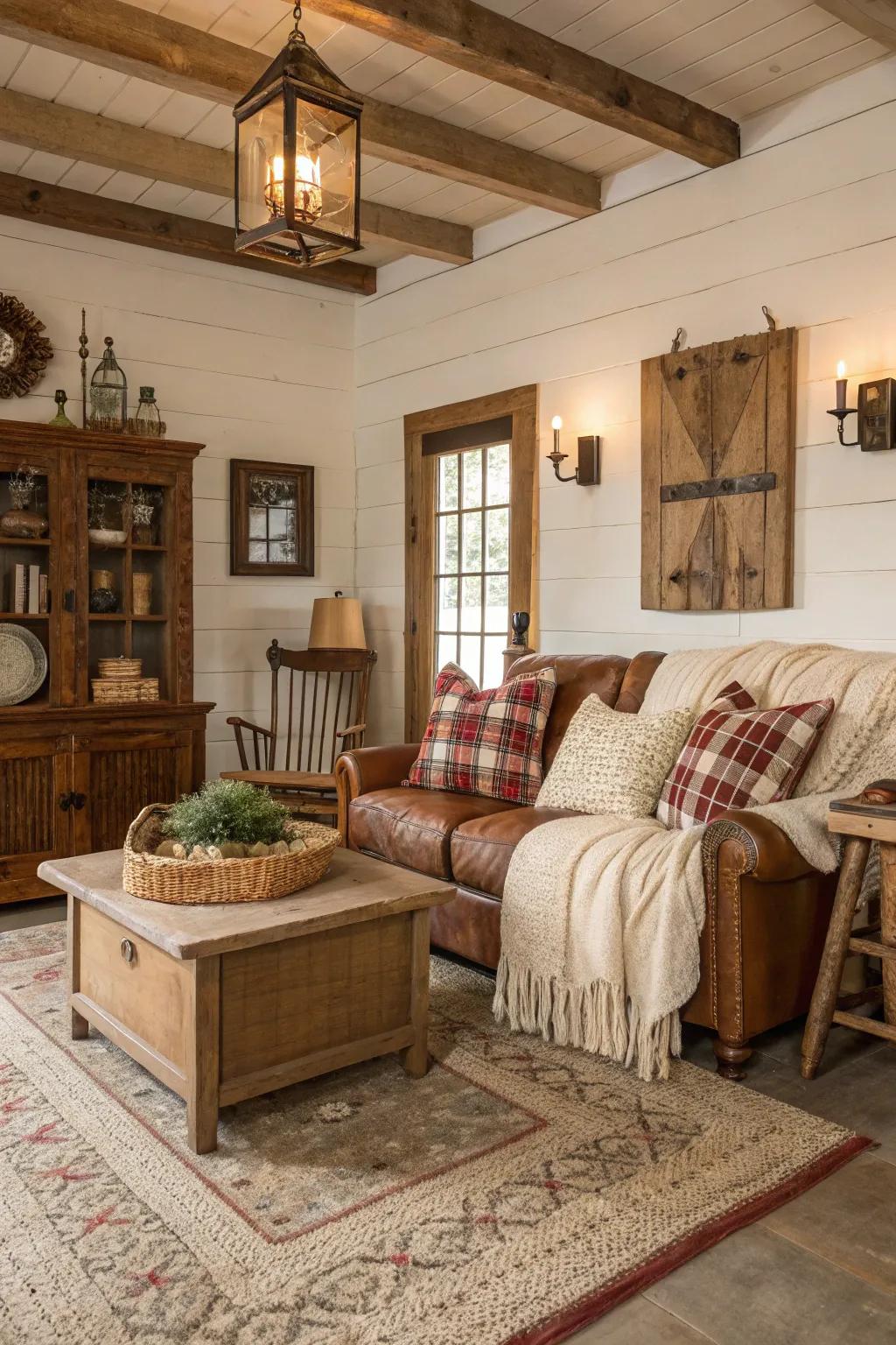Timeless decorative pieces infuse a sense of the past into this farmhouse living space.