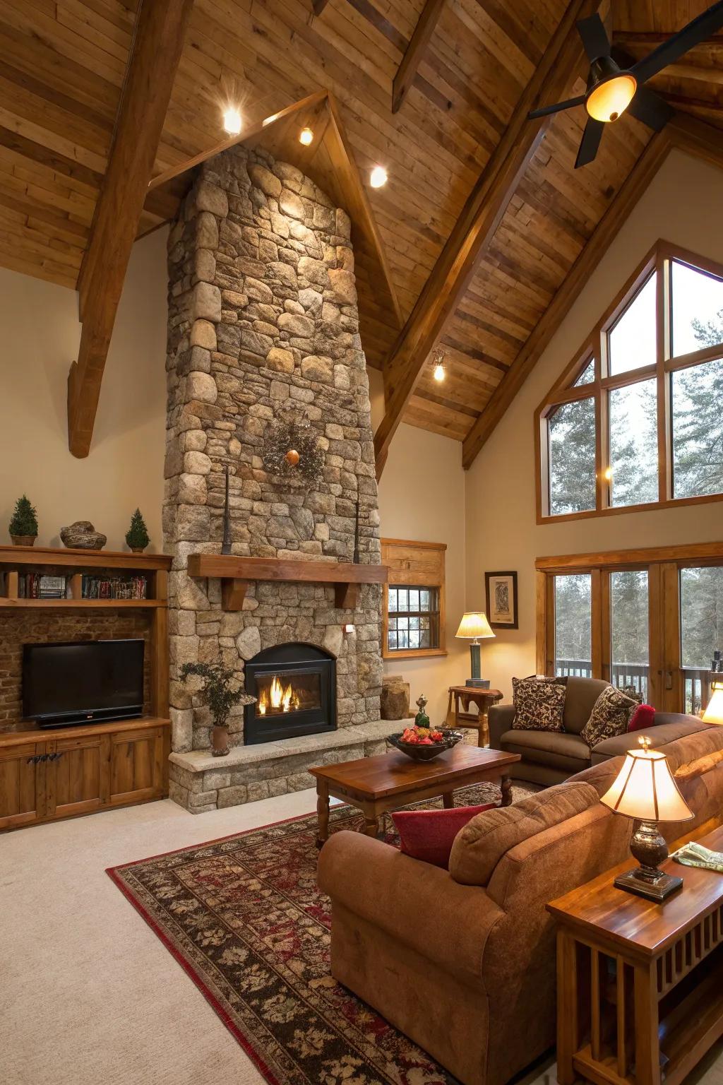 A dramatic floor-to-ceiling stone fireplace in a cozy living room.