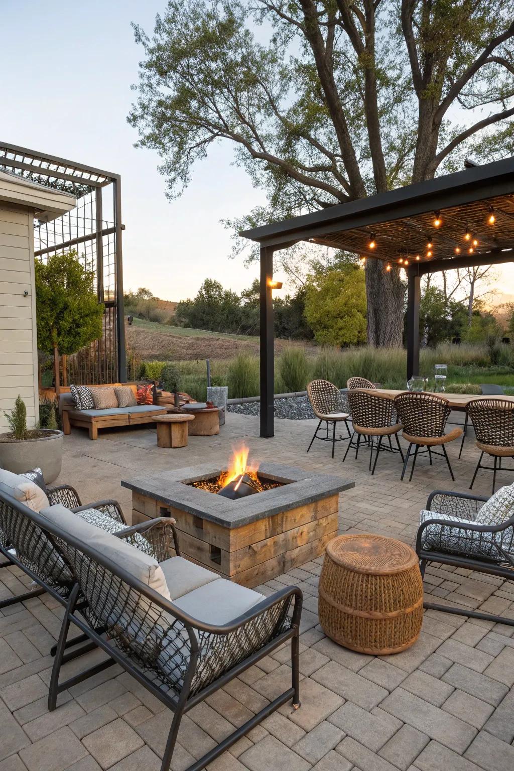 A mix of materials enriches the depth and feel of the fire pit setting.