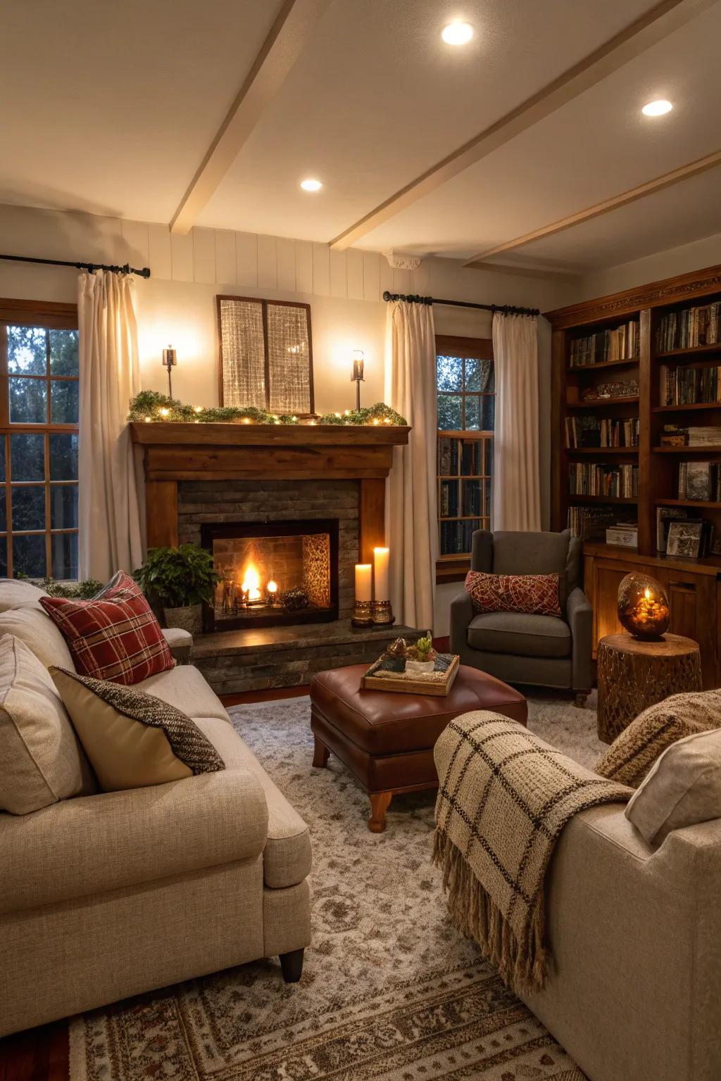 Comfortable seating enhances the welcoming atmosphere around the fireplace.