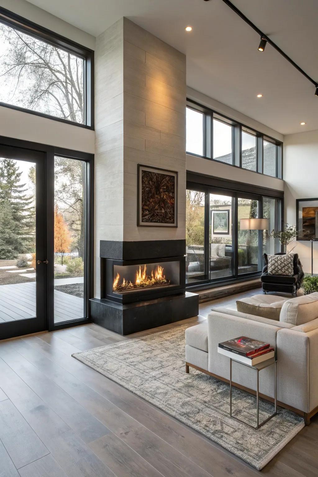 See-through fireplaces connect and heat multiple spaces.