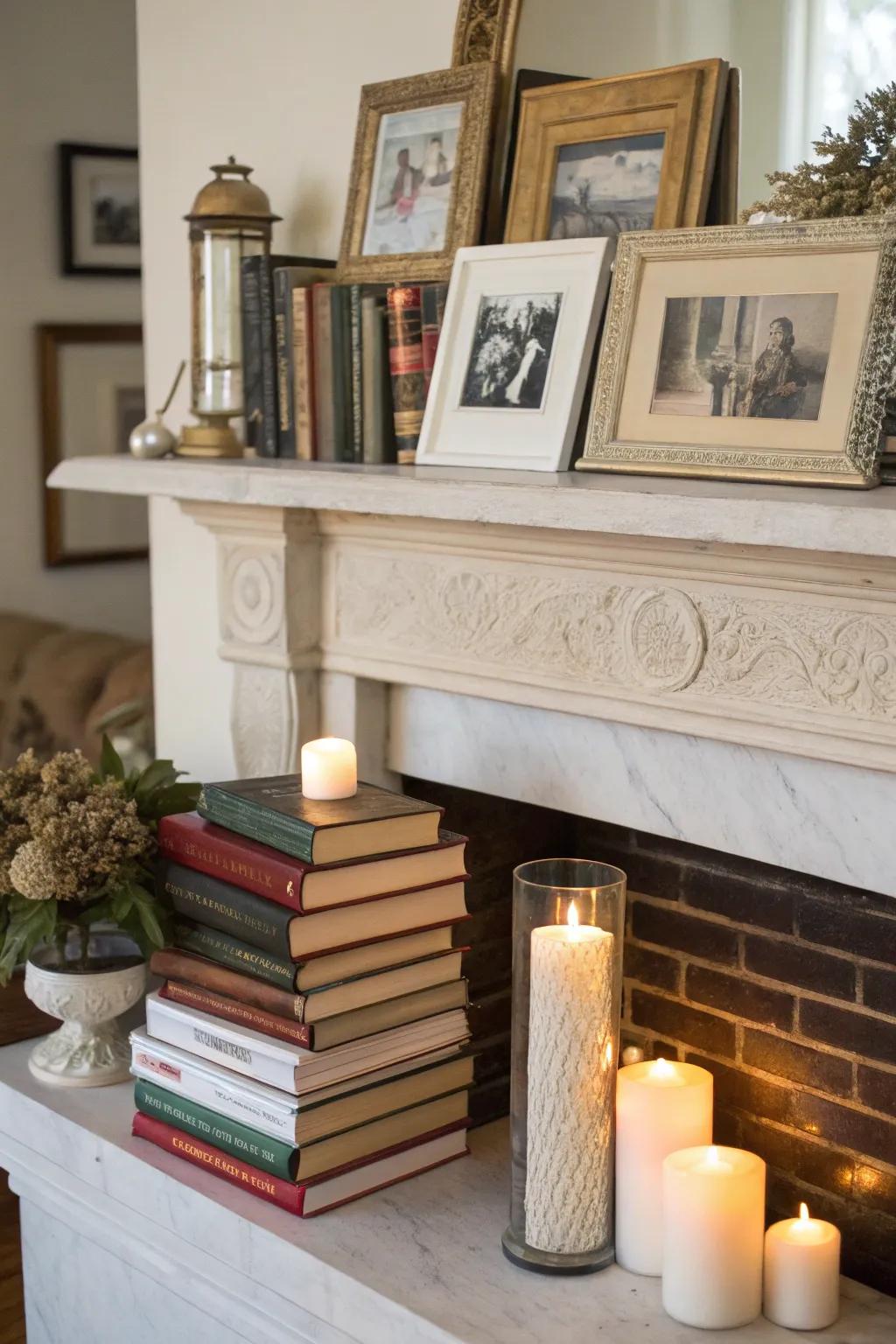 A personalized mantel featuring a collection of literature and treasures.