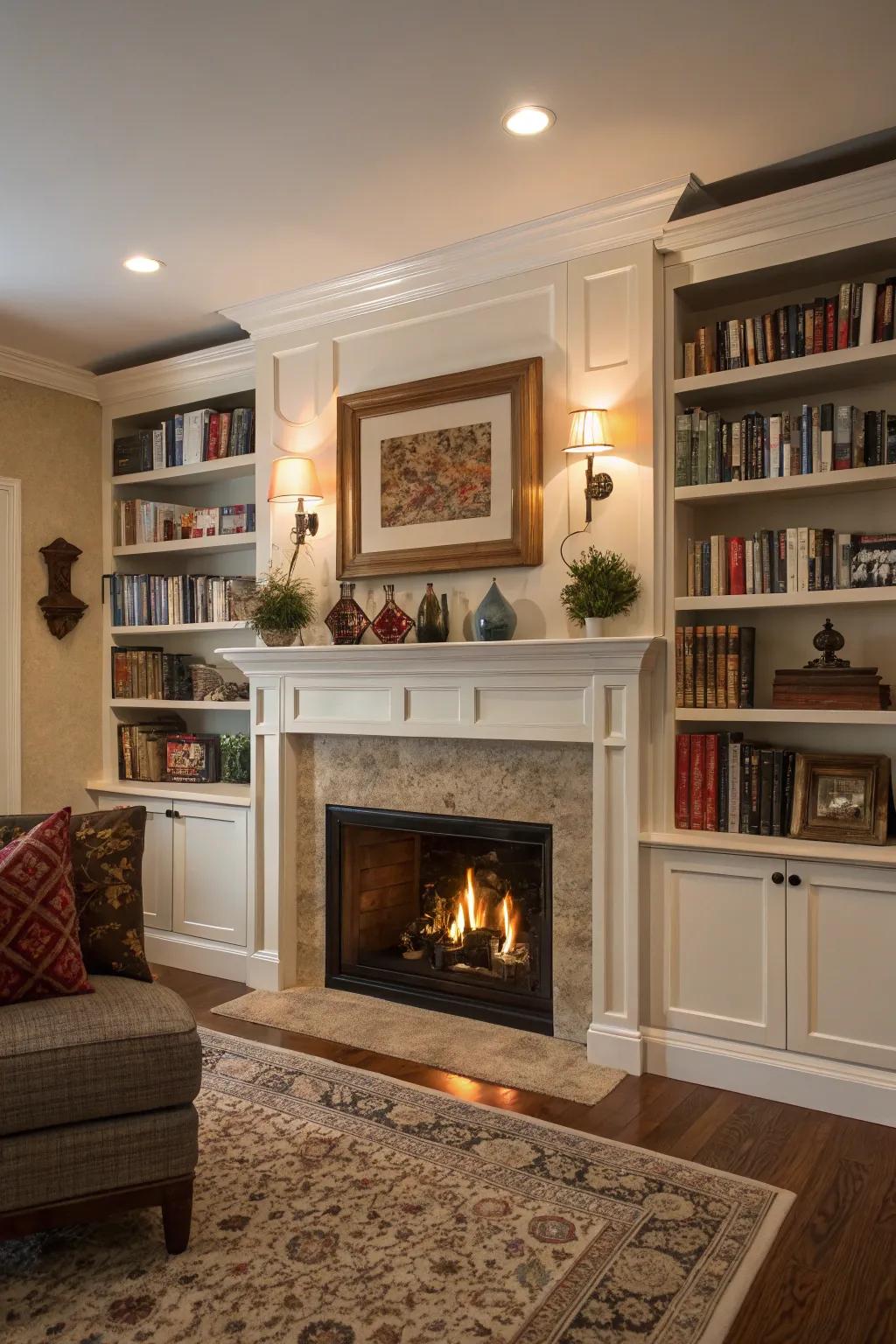 Integrated shelves add charm and function to your fireplace.