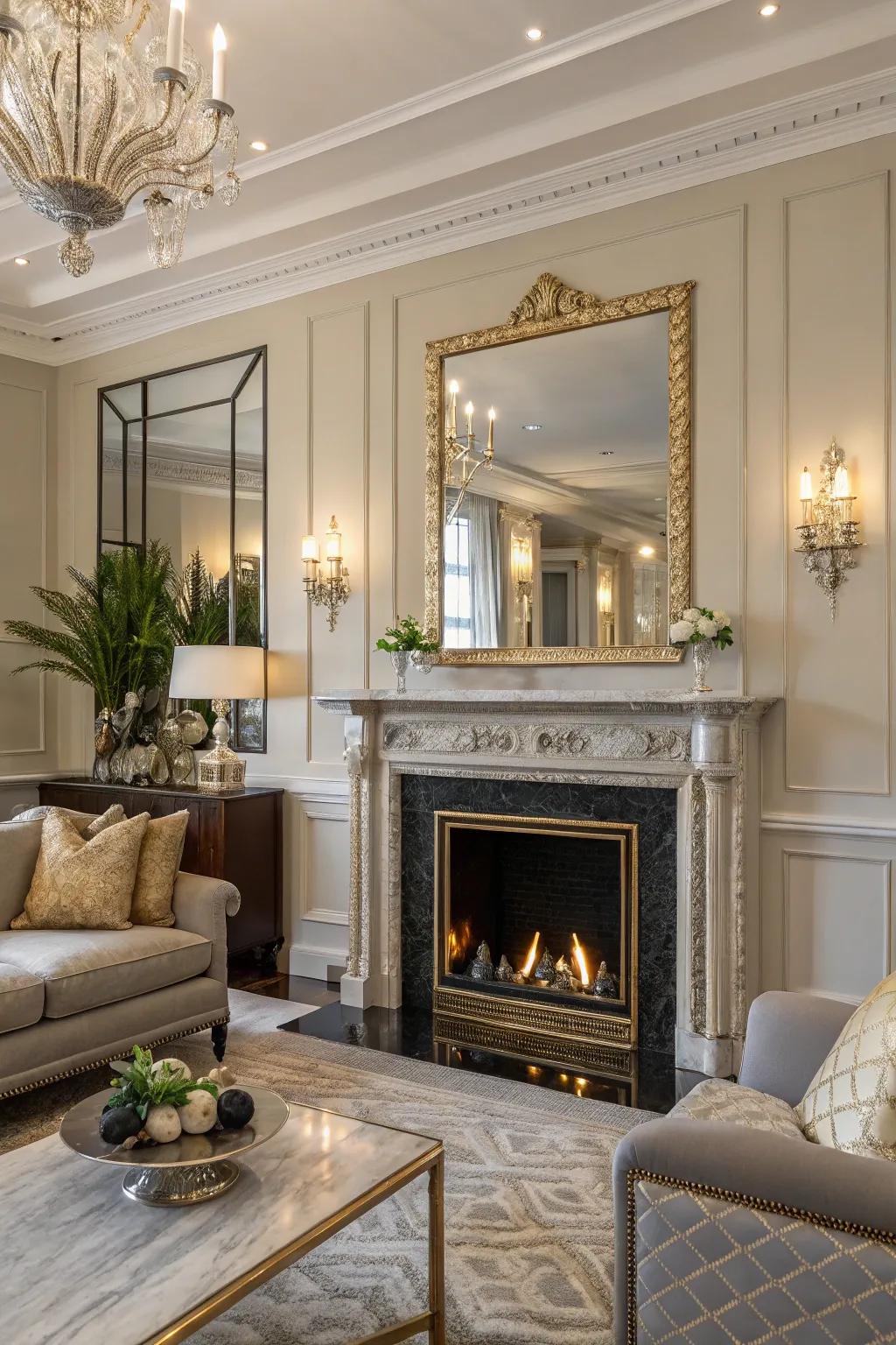 Step into this elegant living room where the fireplace uses metallics and a mirror to make the space feel huge.