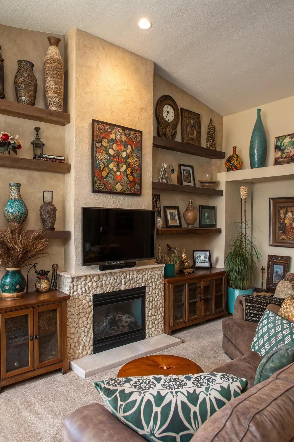 Family room using artistic elements to frame a fireplace wall with TV.