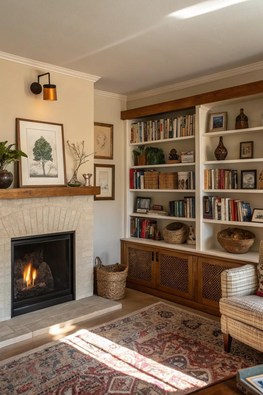 Create an artistic display with a mix of books and decor.