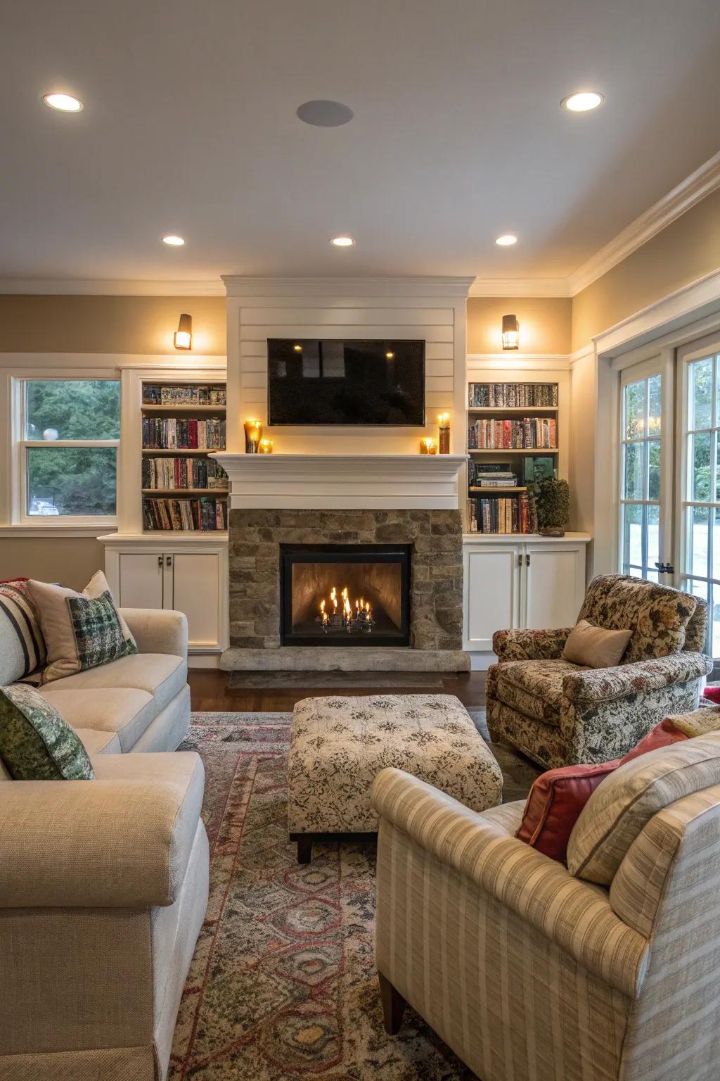 A snug seating arrangement facing a fireplace with a TV above.