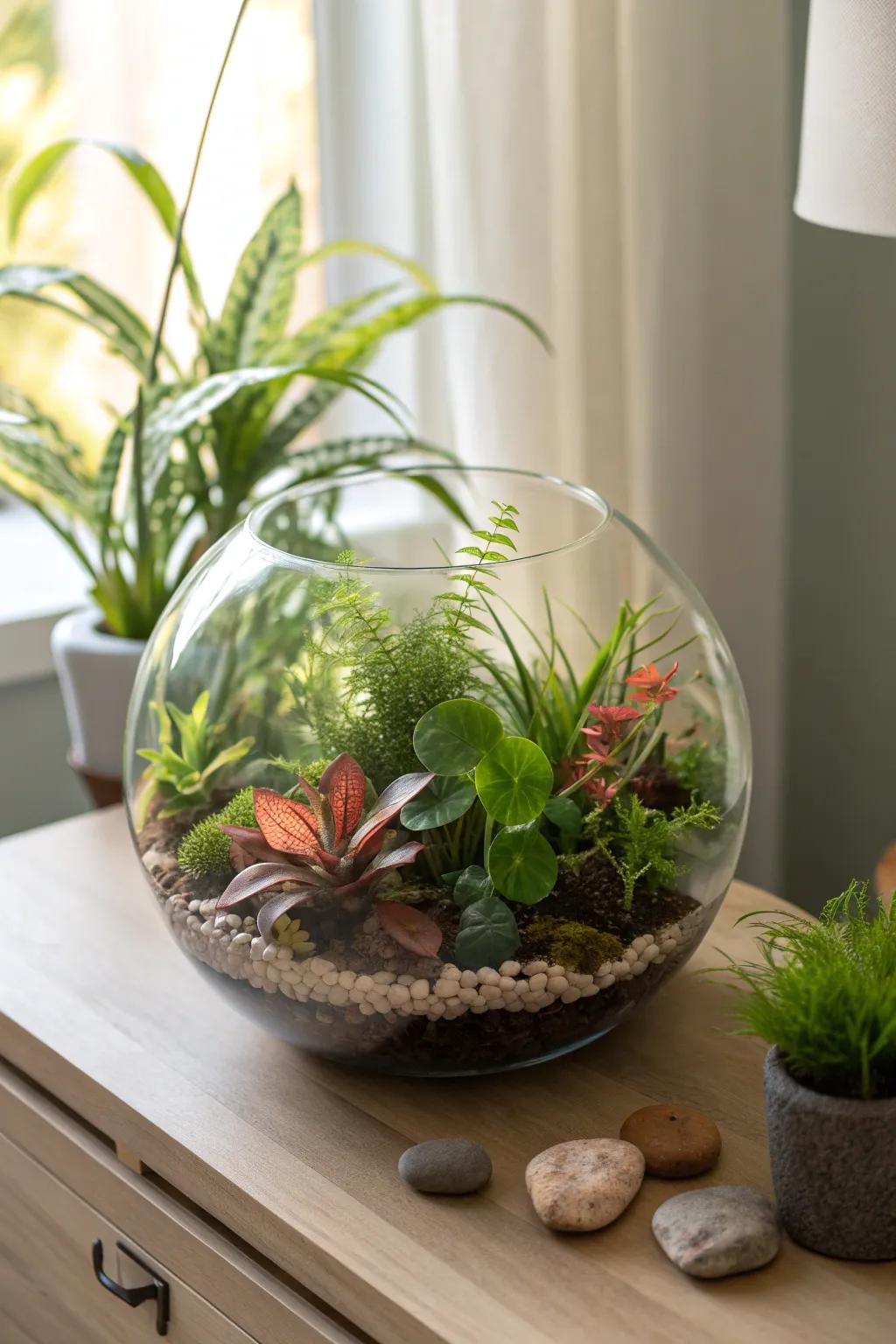 Transform your space into a tropical getaway with this boho-chic fish bowl terrarium.