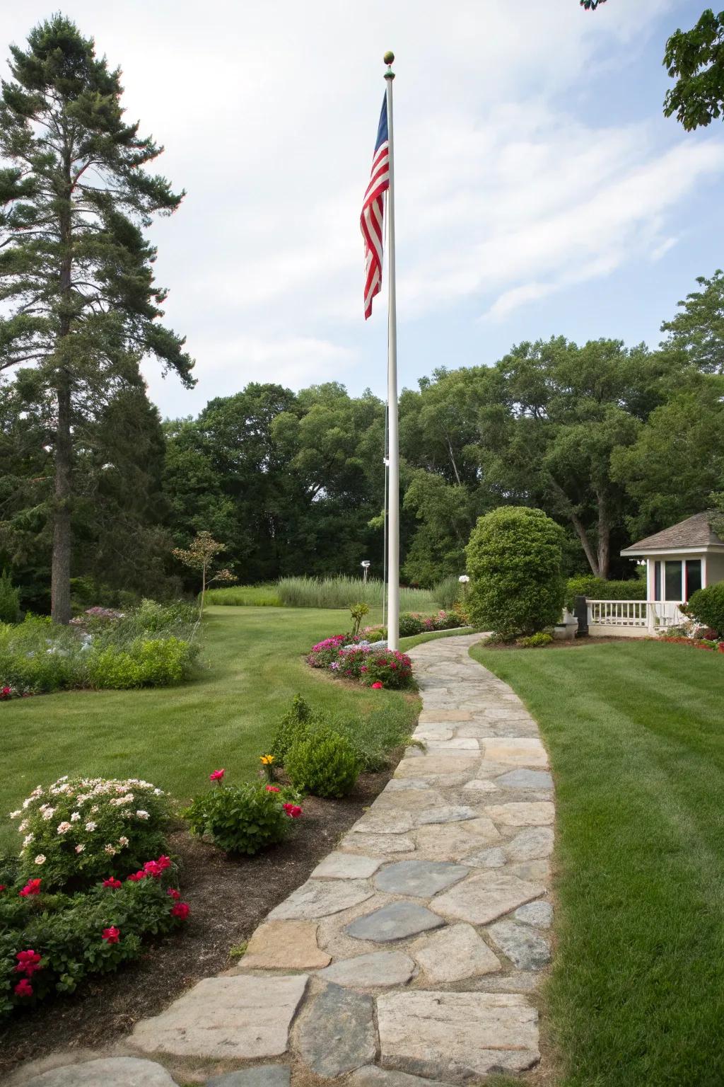 Walkways deliver both utility and visual flair to flagpole arrangements.