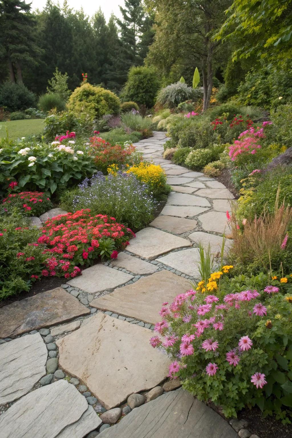 Flagstones and plants create a harmonious garden design.