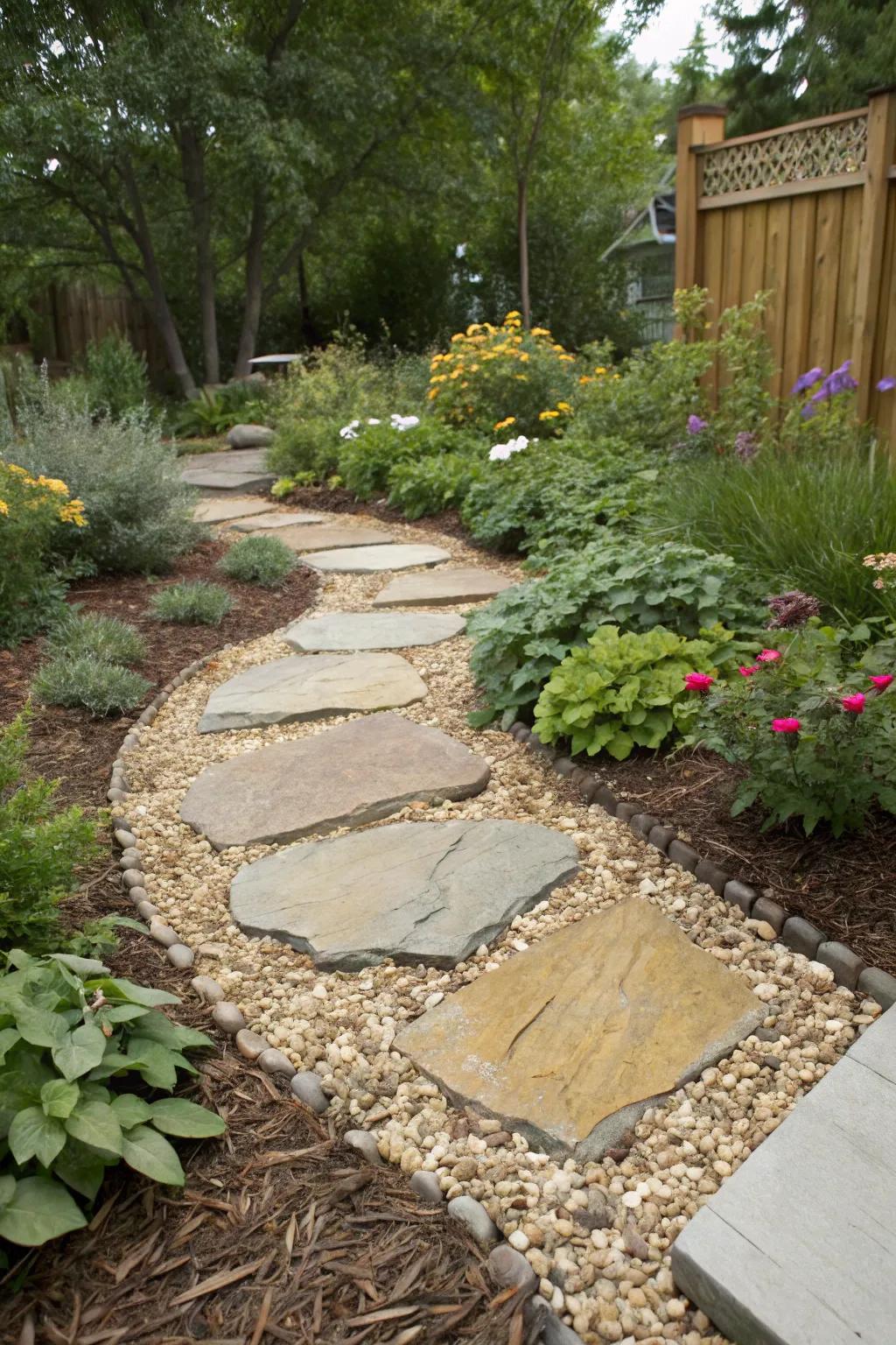 Flagstone paired with pebbles and mulch for a textured look.