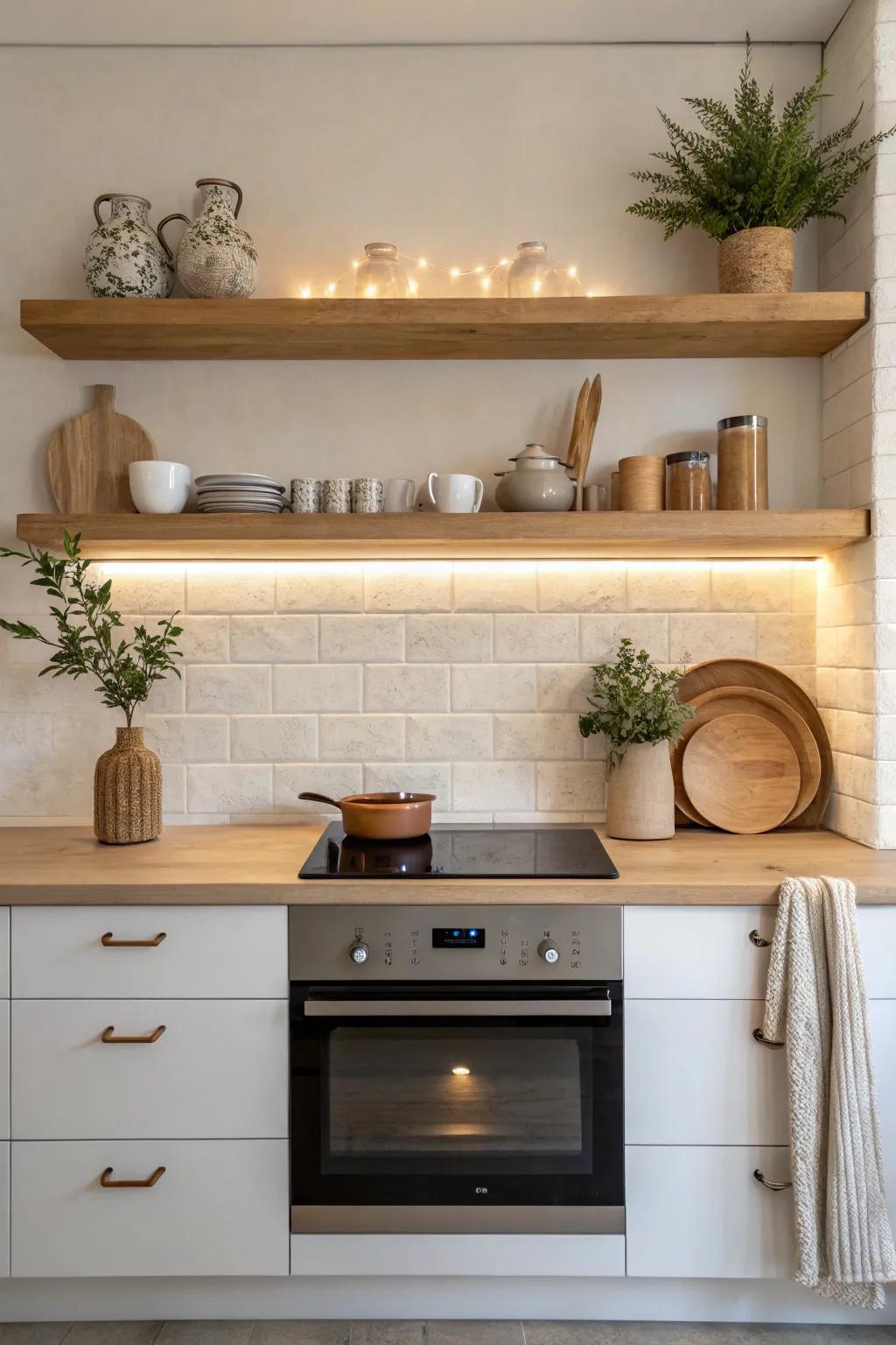 Elevate your kitchen style with elegantly lit floating shelves—where simplicity meets natural beauty.
