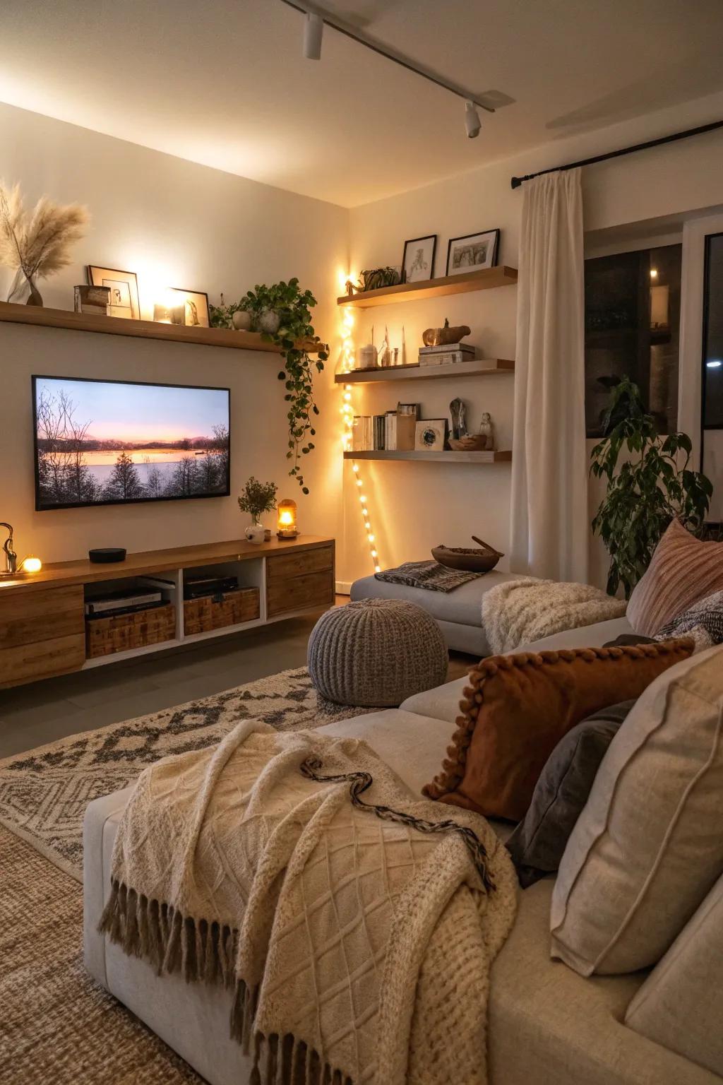 Create a cozy feel with welcoming decorations on your floating ledges.