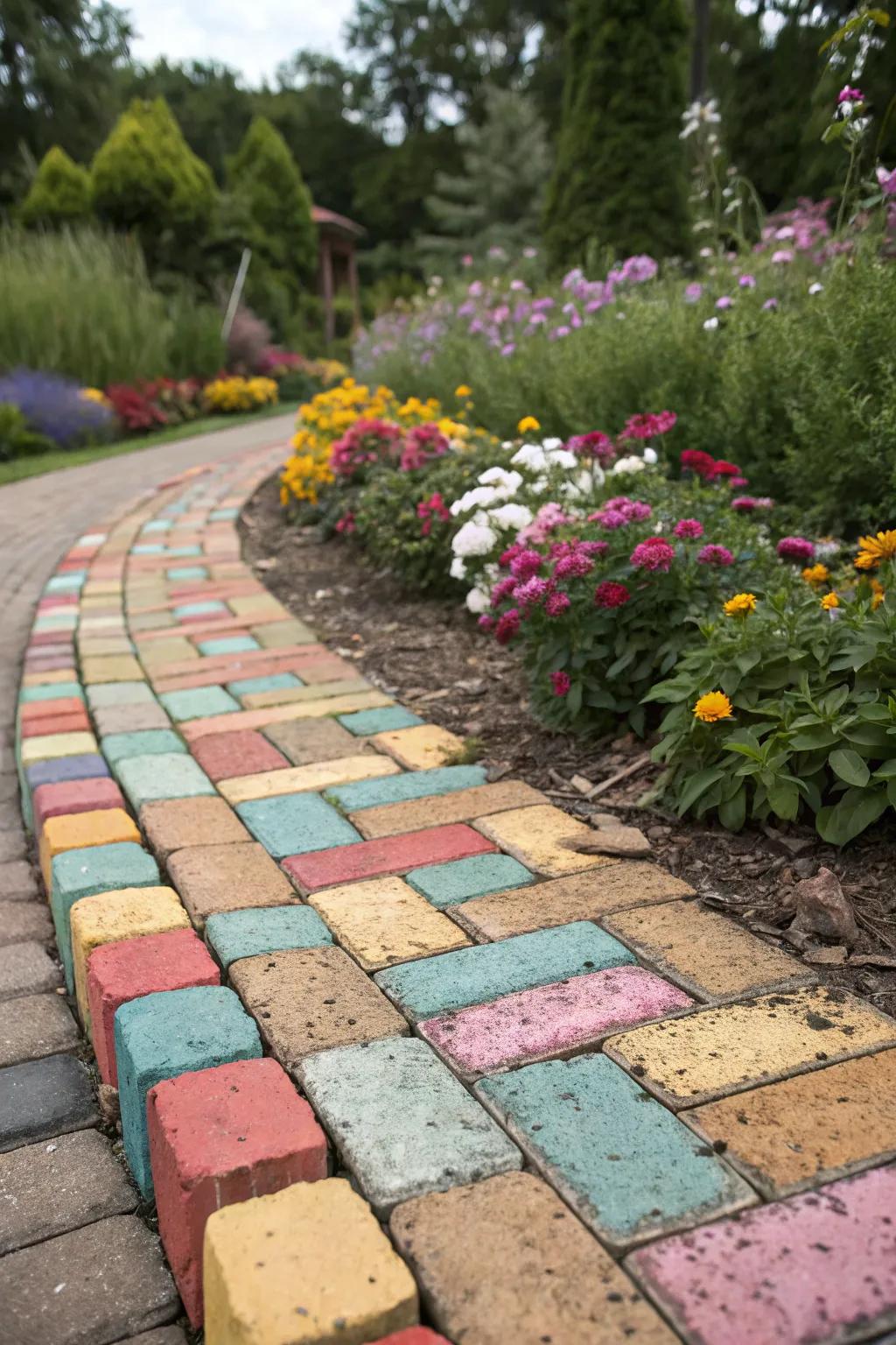 Artistic brick embellishments enrich flower bed borders with color and texture.