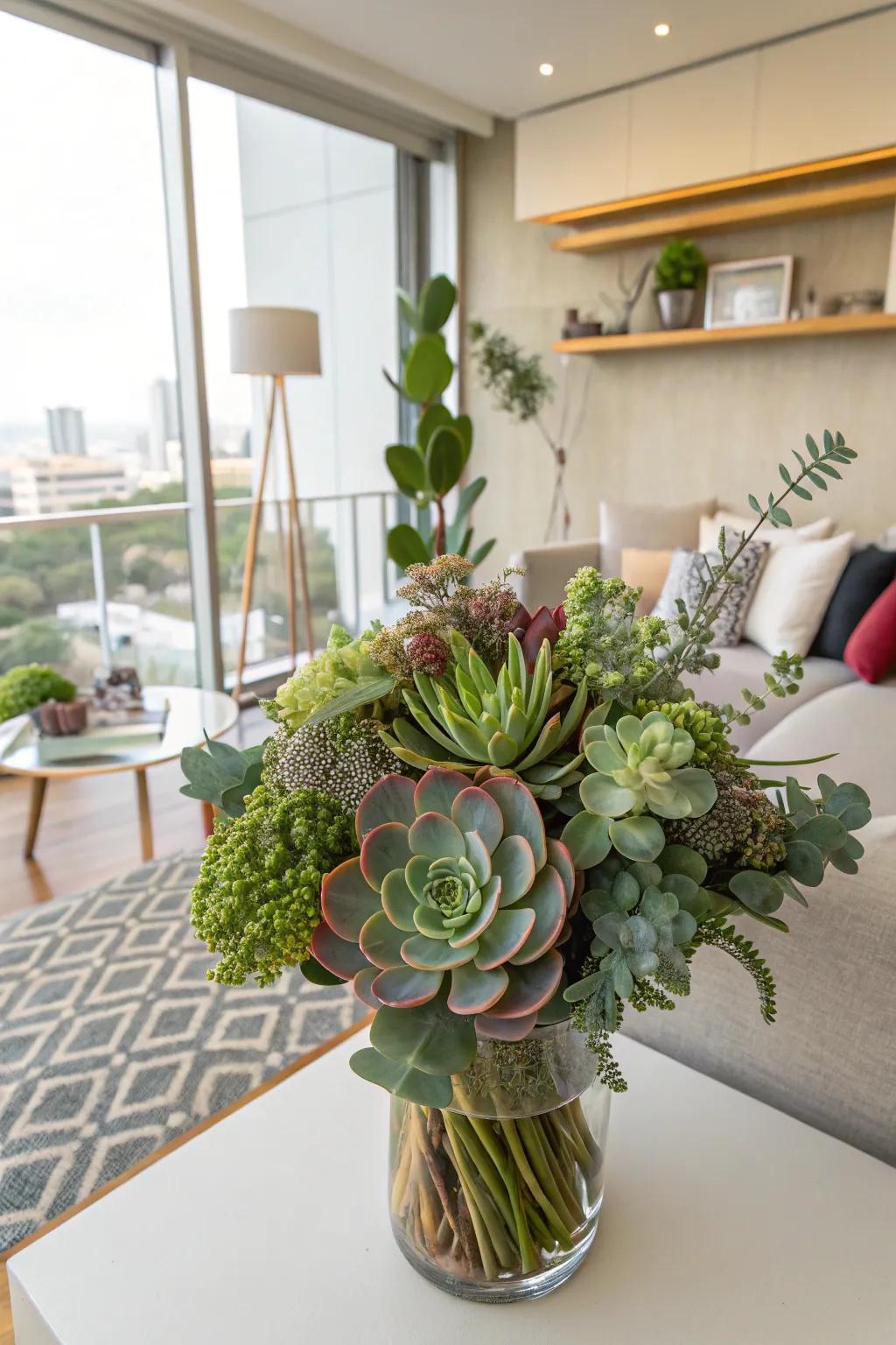 A contemporary bouquet featuring succulents and greenery for a refreshing birthday gift.