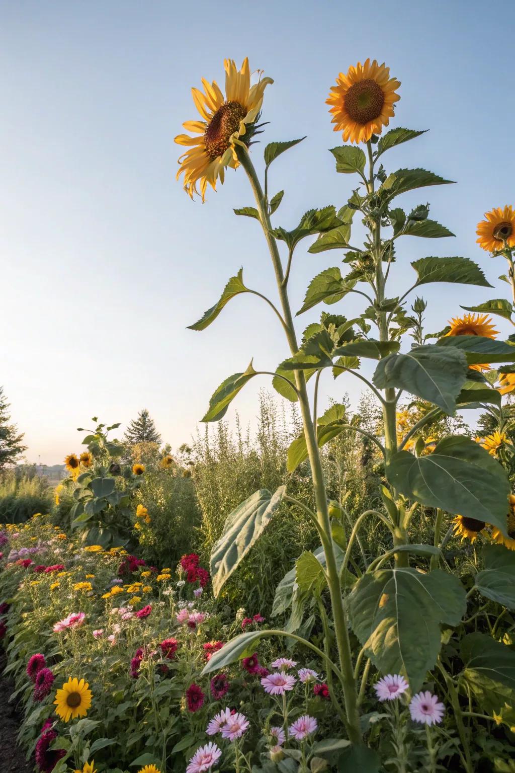 Tall sunflowers create a dramatic focal point in the garden.