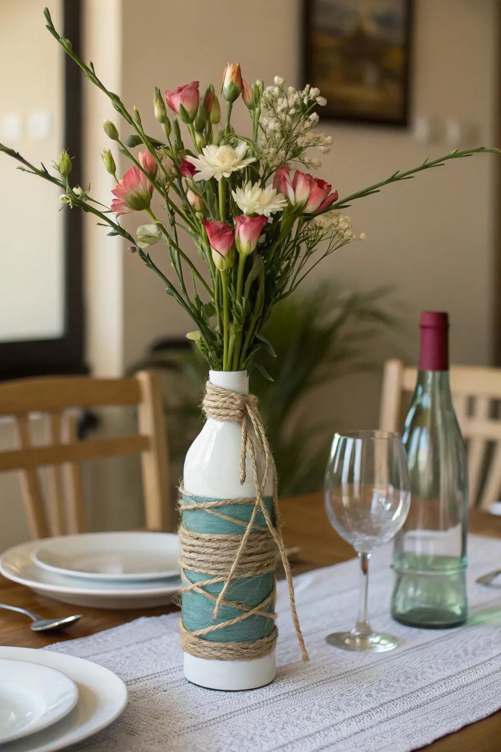 Upcycle wine bottles into beautiful vases for long-stemmed flowers.