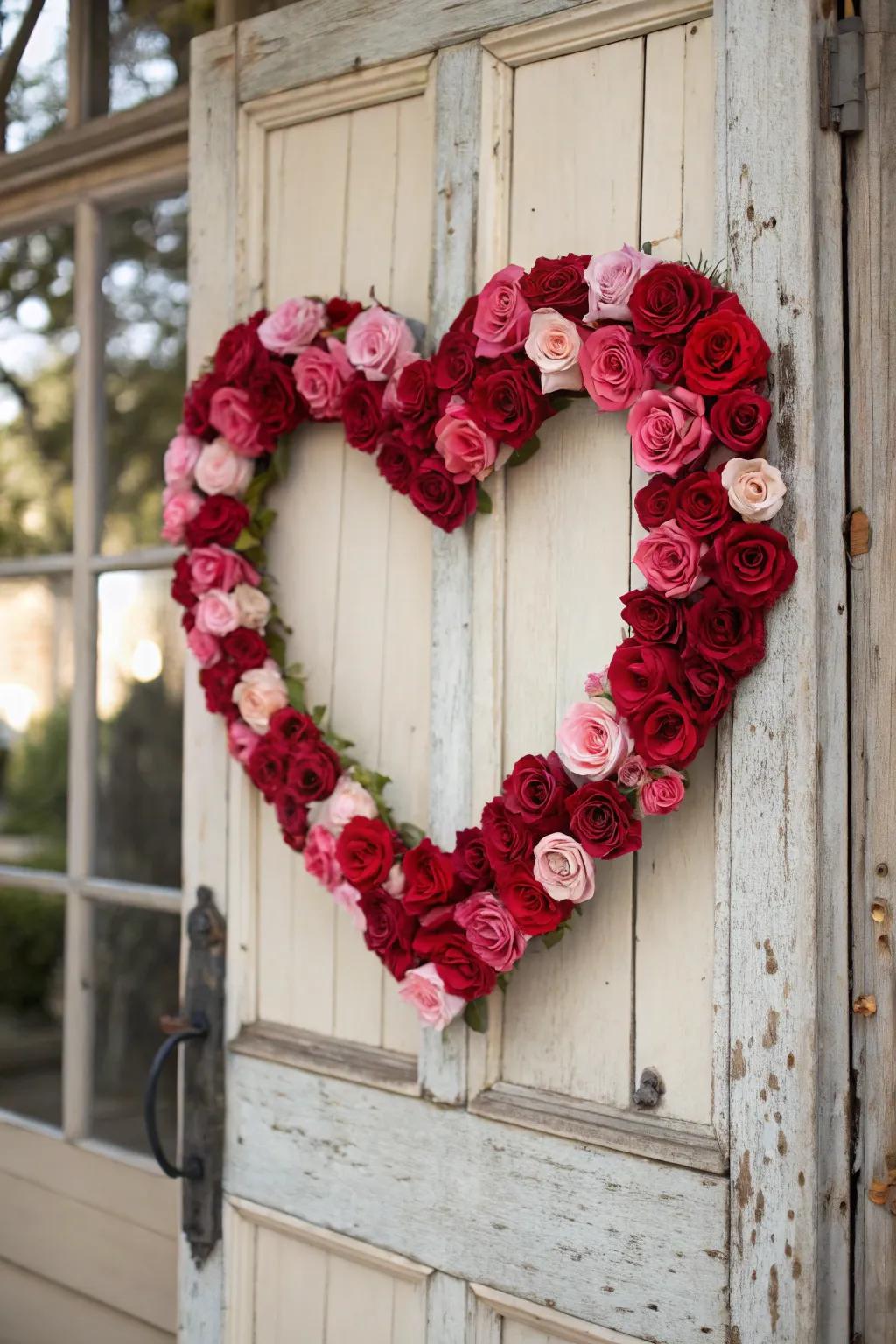 Romantic charm shines with a heart-shaped rose wreath.