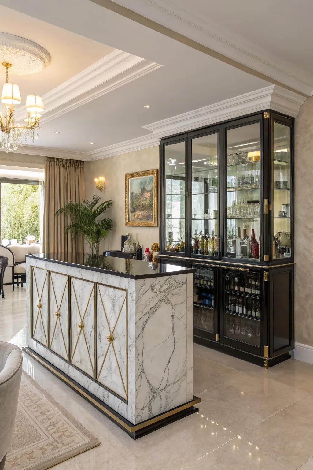 A luxurious bar with marble and glass finishes that exudes elegance.