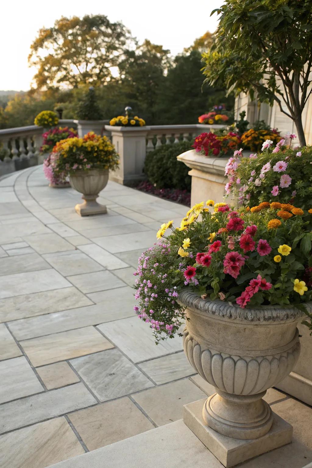 Elaborate vessels showcasing seasonal blooms on an appealing patio.