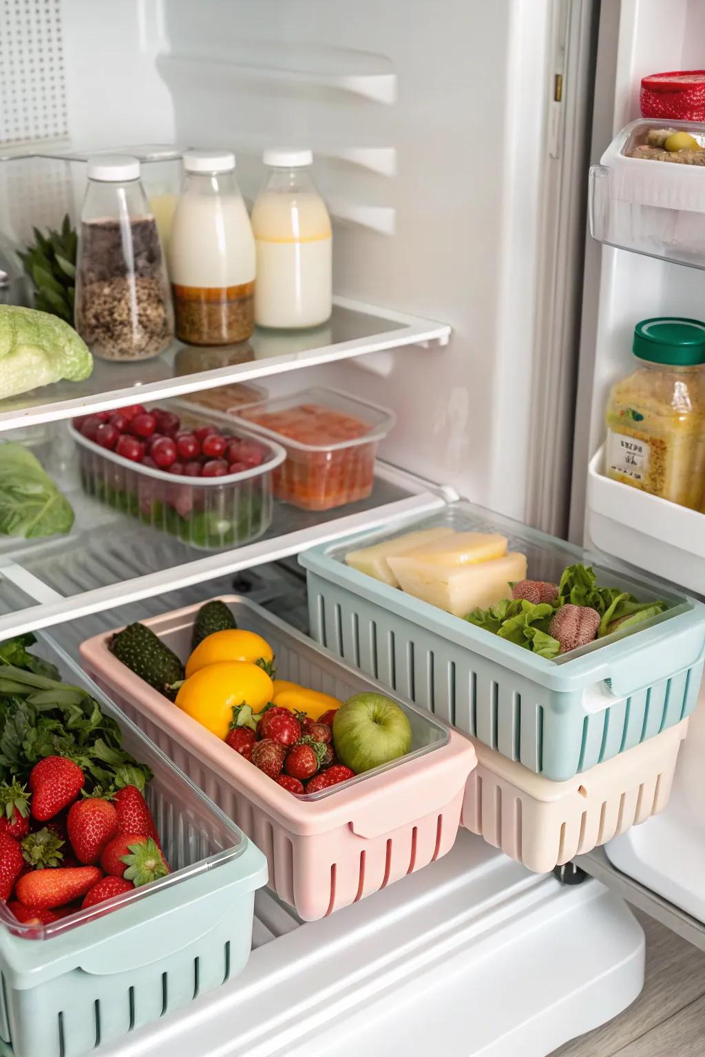Shelf dividers create organized zones in the fridge.