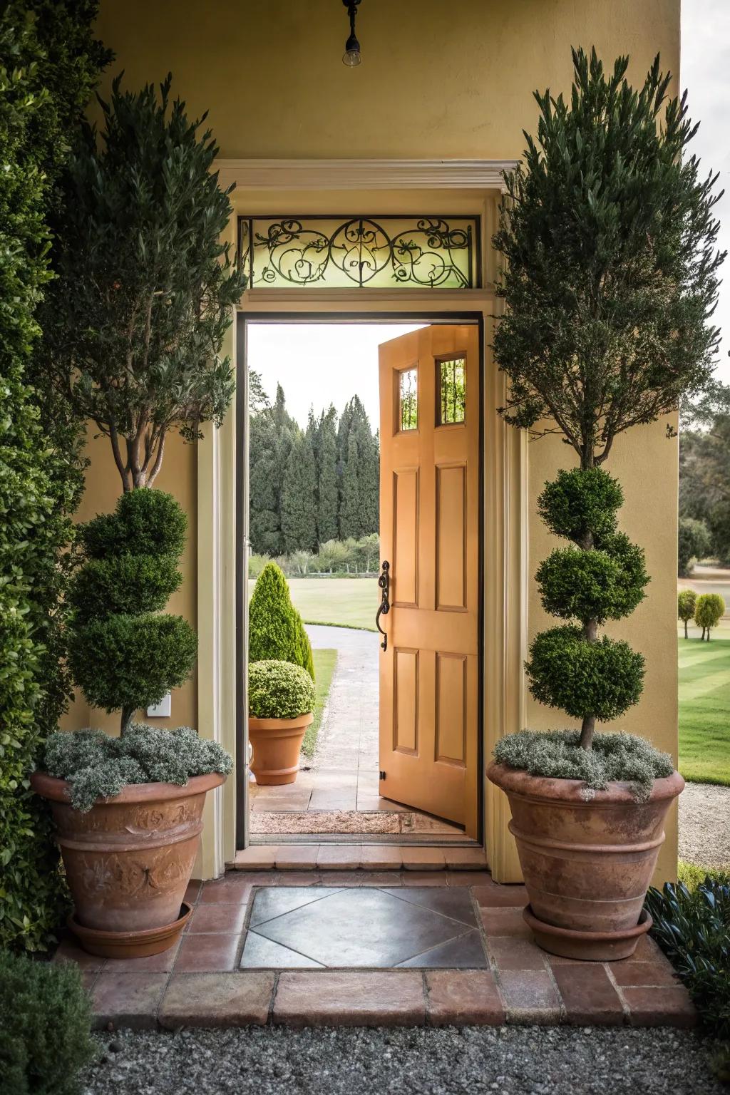 Potted plants add a touch of elegance to your front entrance.
