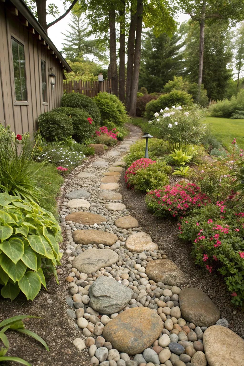 Walkways made of river rock encourage exploration and add charm.