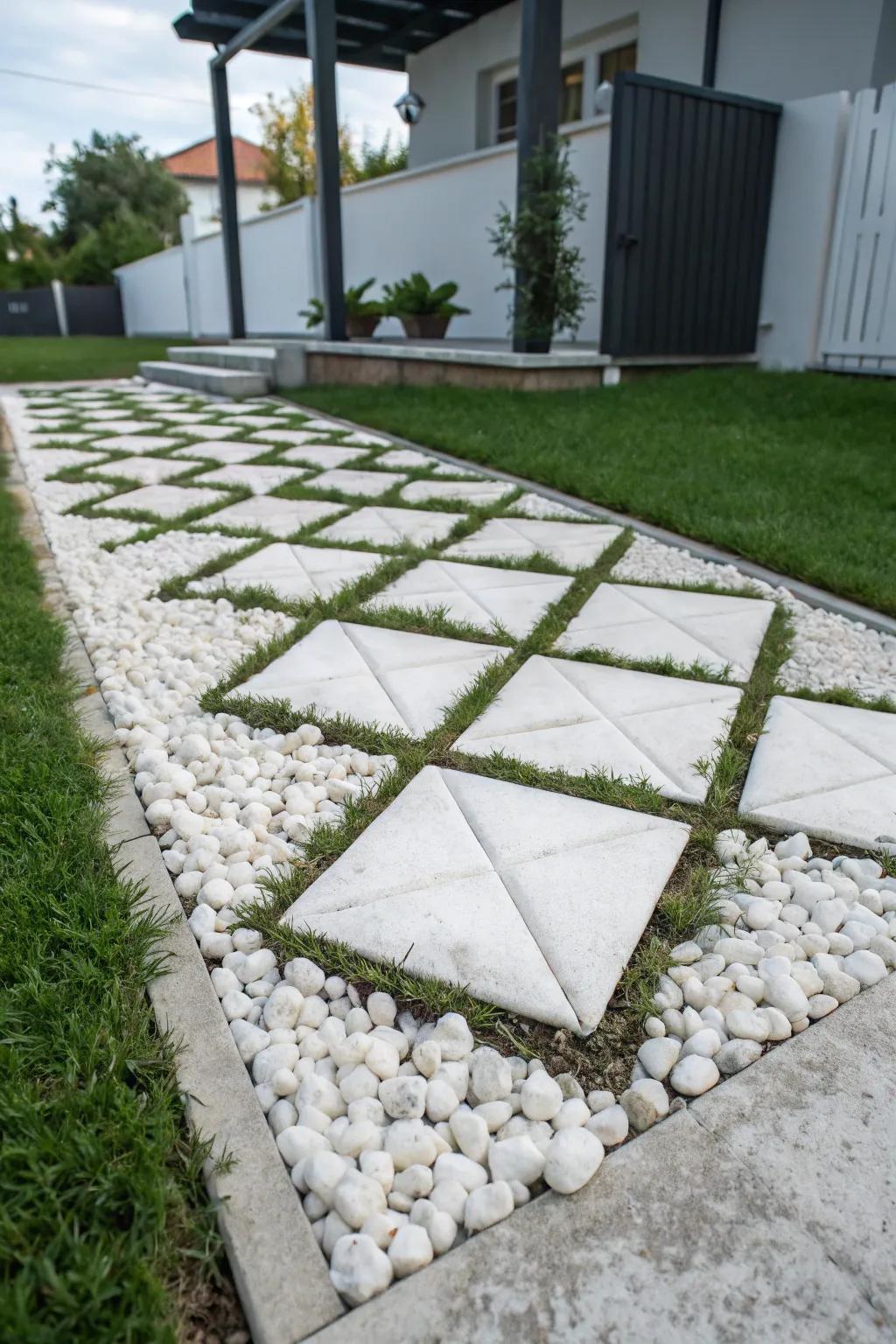 Geometric designs with white rocks add a modern touch.