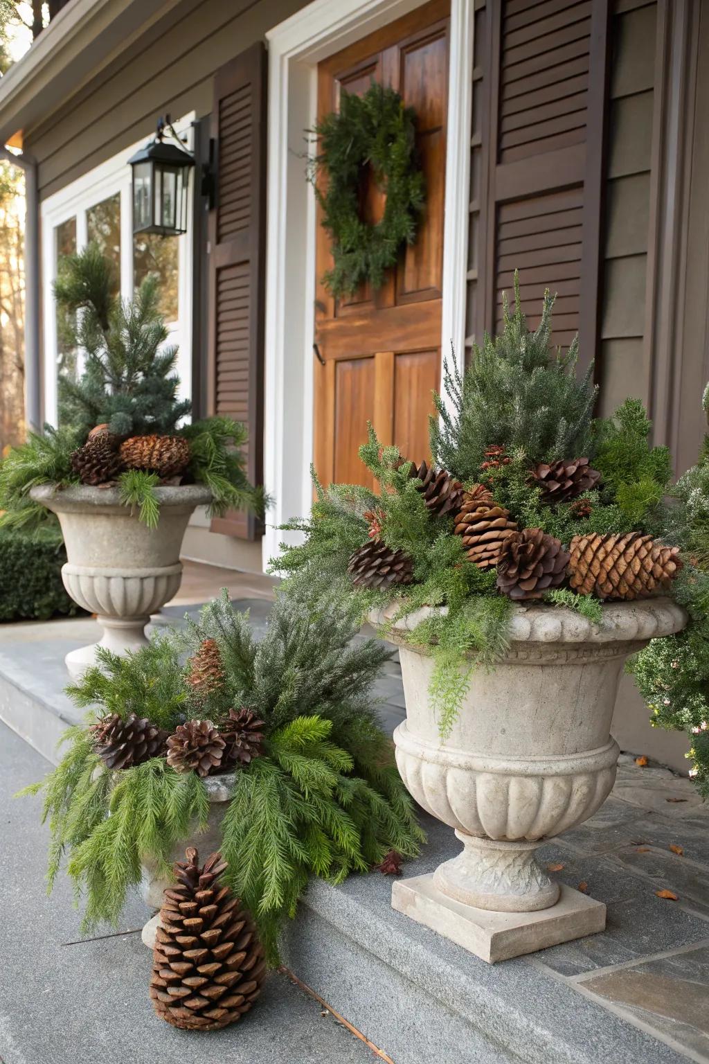 Conifer cones and greenery deliver rustic allure to your porch.