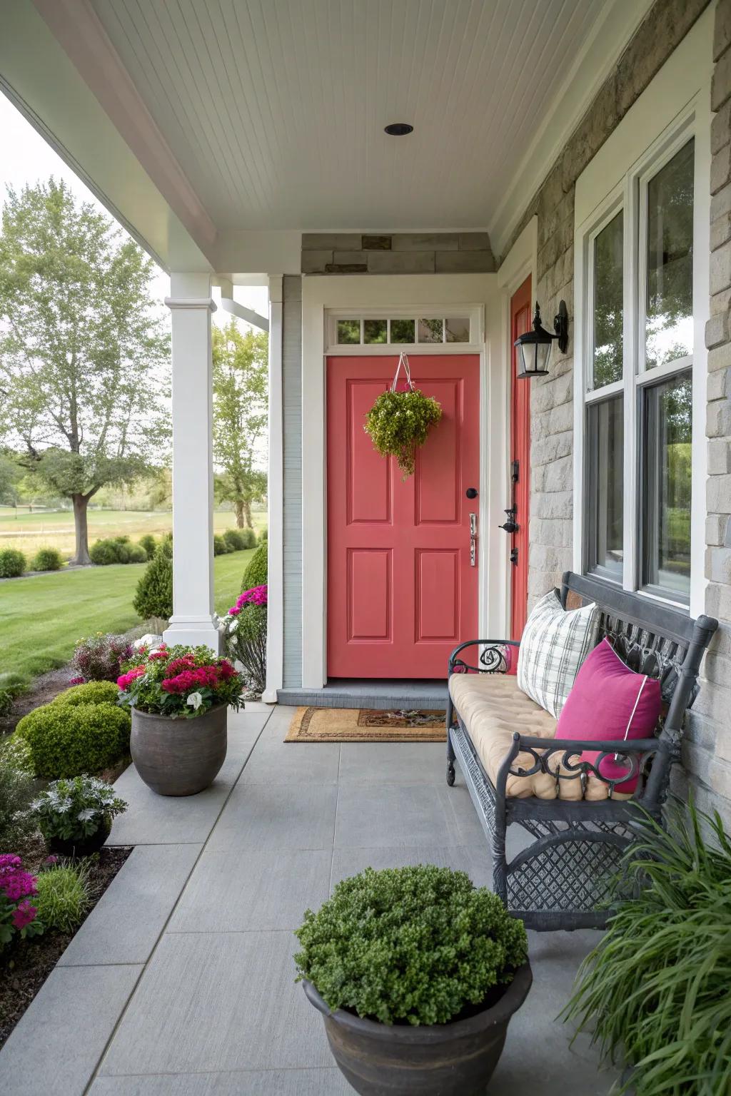 A bold door color adds character to the front porch.