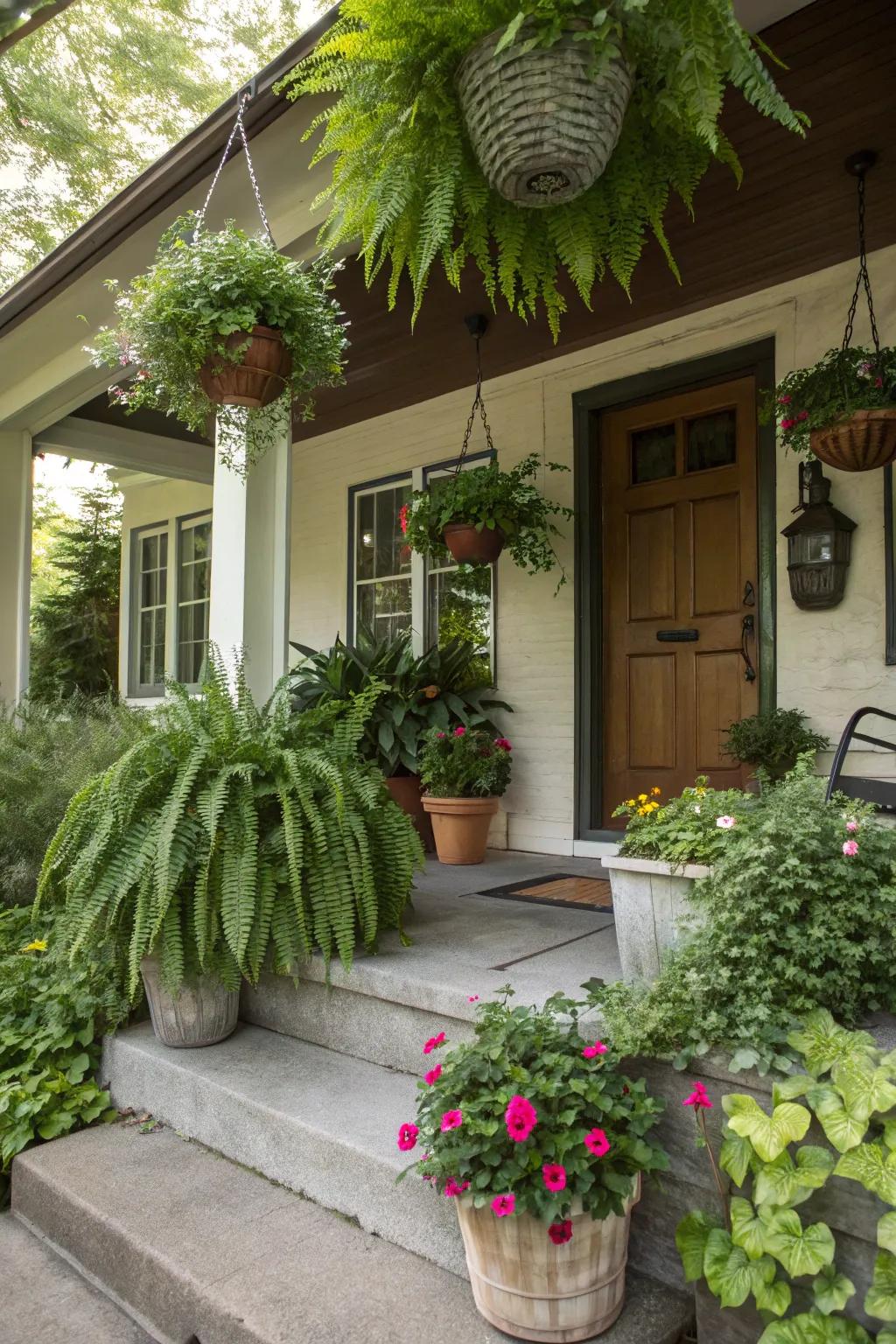 A front porch exhibiting a spectrum of floral heights for heightened depth.