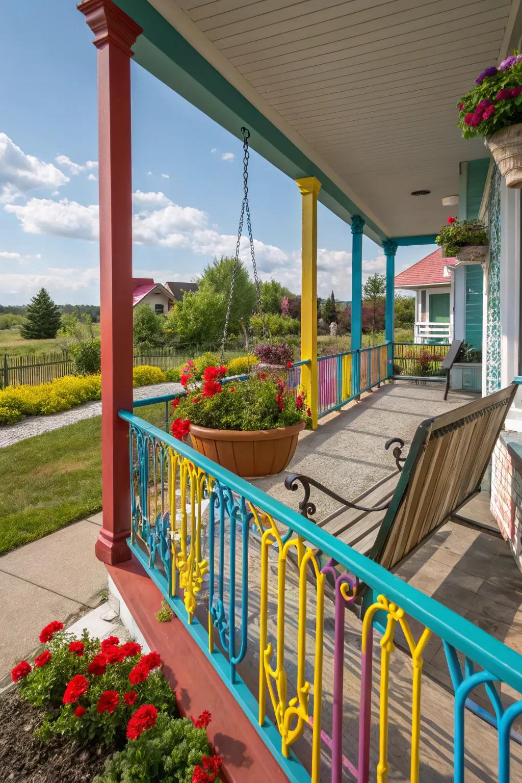 Colorful wrought iron railings that add a vibrant touch to the porch.