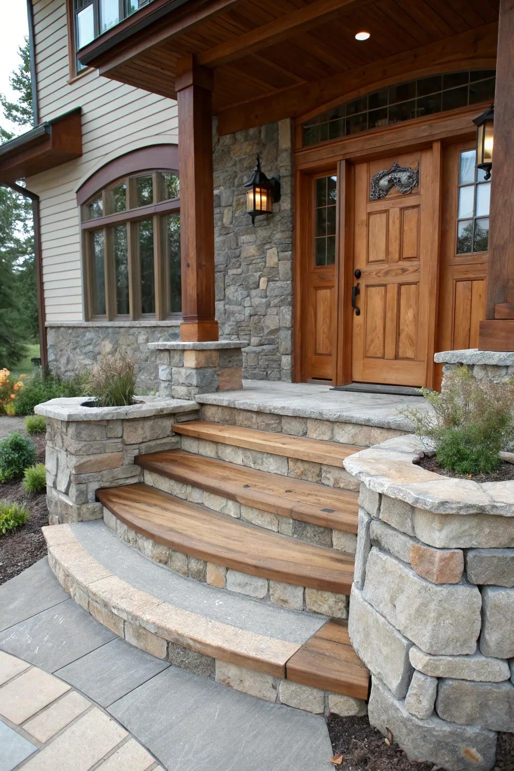 Design a distinctive entrance with steps that combine materials.
