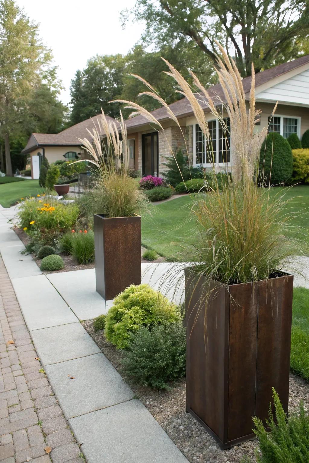 Tall containers with grasses create vertical interest.