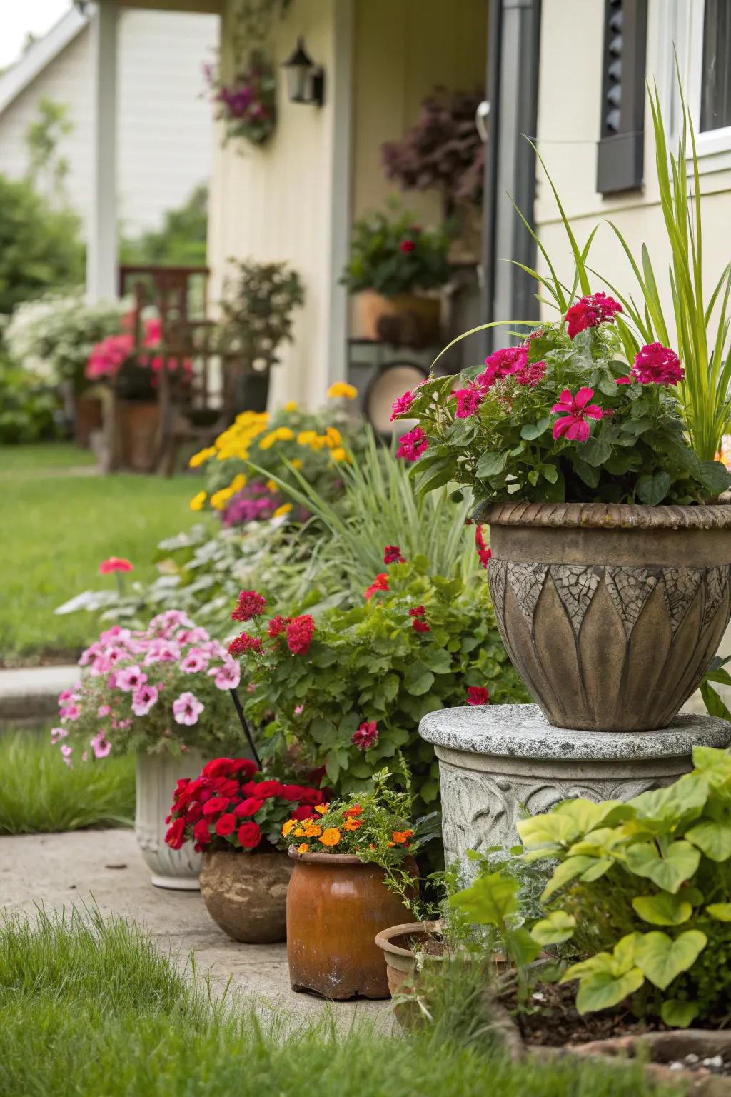 Potted plants provide adaptability and dynamic interest.