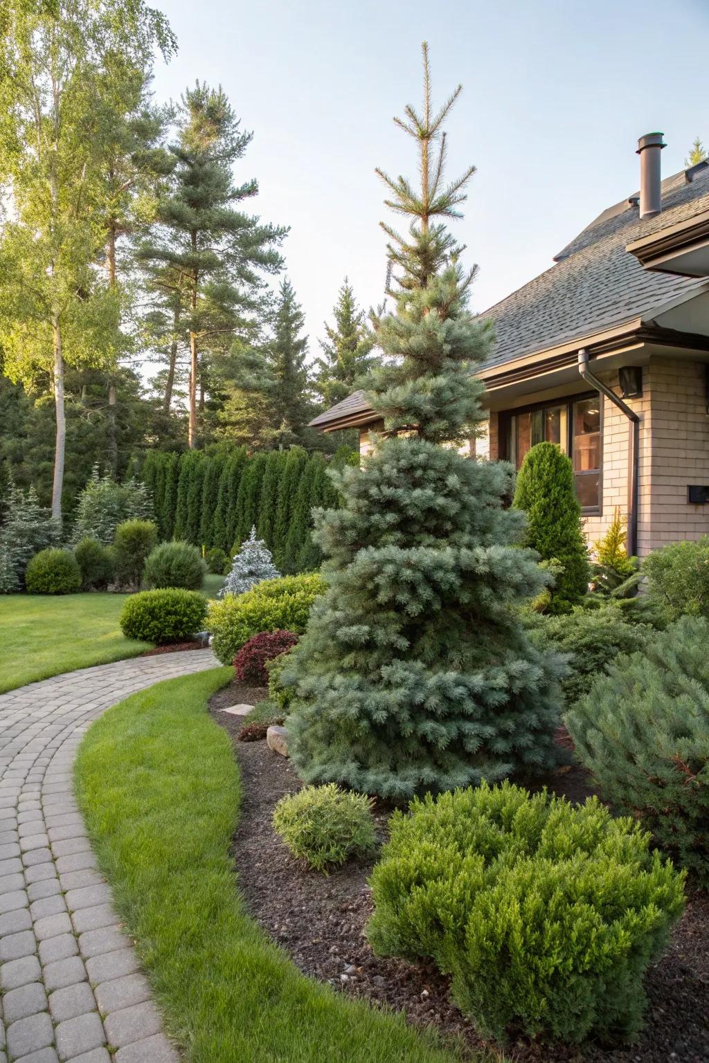 A miniature spruce stands out as a focal point in this landscape.