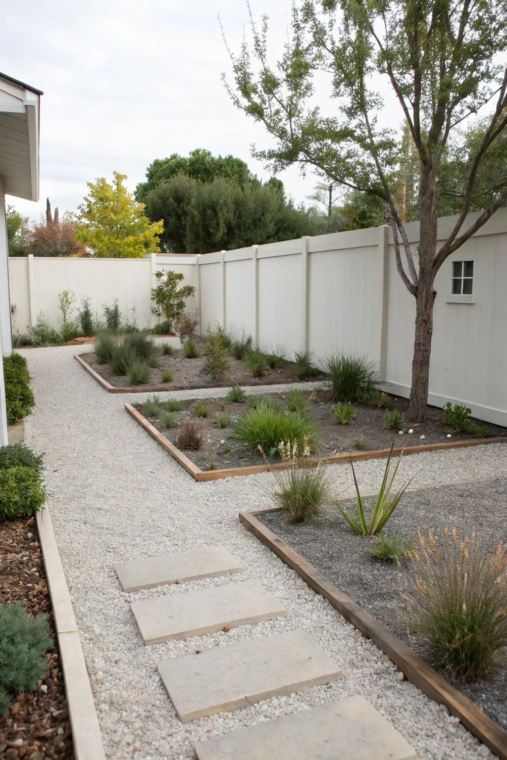 A minimalist front yard with sleek gravel pathways and sparse plantings.