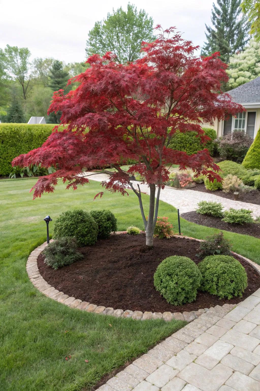 Mulch adds texture and helps retain moisture around the Japanese maple tree.