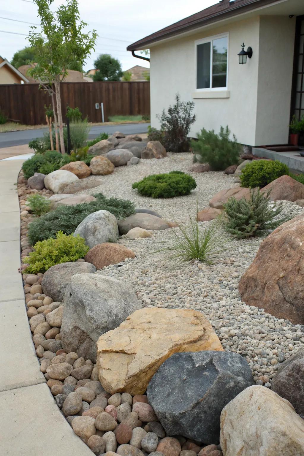 A rock garden showcasing contrasting textures with varied rock sizes and plants.