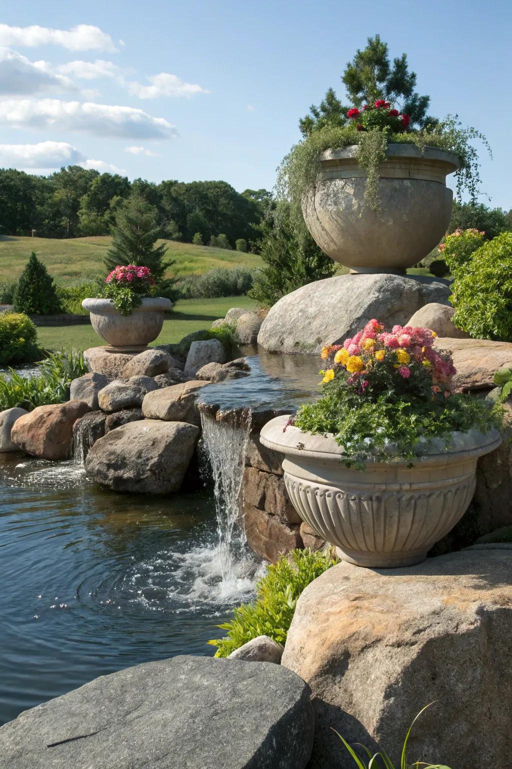 Boulders paired with a charming water feature for added elegance.